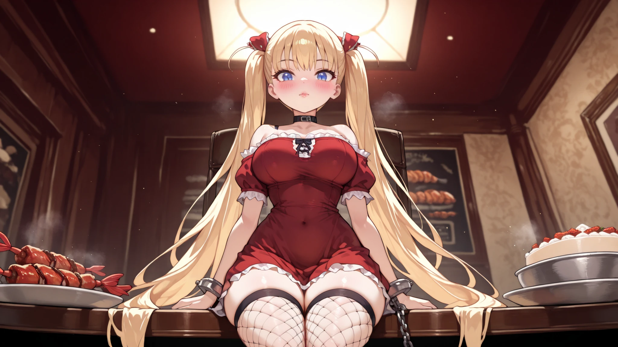 Airi Akizuki \(oni chichi\) a young girl in a Elegant space, wearing a off-the-shoulder dress and fishnet stockings. the image also shows a soft, a 1girl, when she sits on a chair, at the table , there are a lot of delicious dishes on the table: salads , grilled meat , open lobster, desserts, and champagne looking directly at the viewer with a sultry expression. POV shot,she has blonde hair styled in a long, wavy manner and blue eyes. her body is slim, and she is wearing fishnet thigh-high stockings that accentuate her curves. she has a black choker around her neck. Background shows a lavish ballroom with marble columns, the lighting is soft and warm, creating a sensual atmosphere. 1girl, solo, unrivaled beauty, whole body, petite build, bangs, hair ribbon, blush, very long hair, eyebrows visible,twintails, large breasts, handcuffs with long chain, shackles, thighs, slim hips, slim figure, slim waist, big eyes, vivid eyes, good-looking, steaming body, young seductress, lips, young little woman, dramatic angle, clothing texture, detailed eyes, beautiful face, beautiful girl, beautiful body, beautiful hair, Masterpiece, very aesthetic, perfect composition, ((detailed eyes)), (highly detailed), ((Best quality :1.2)),((Detailed :1.5)),((Detailed background :1.5)). (HD eyes:1.4), ((4k,8k,Ultra HD)), {perfect body},(highly detailed), (oldschool style), 2000s (style),
