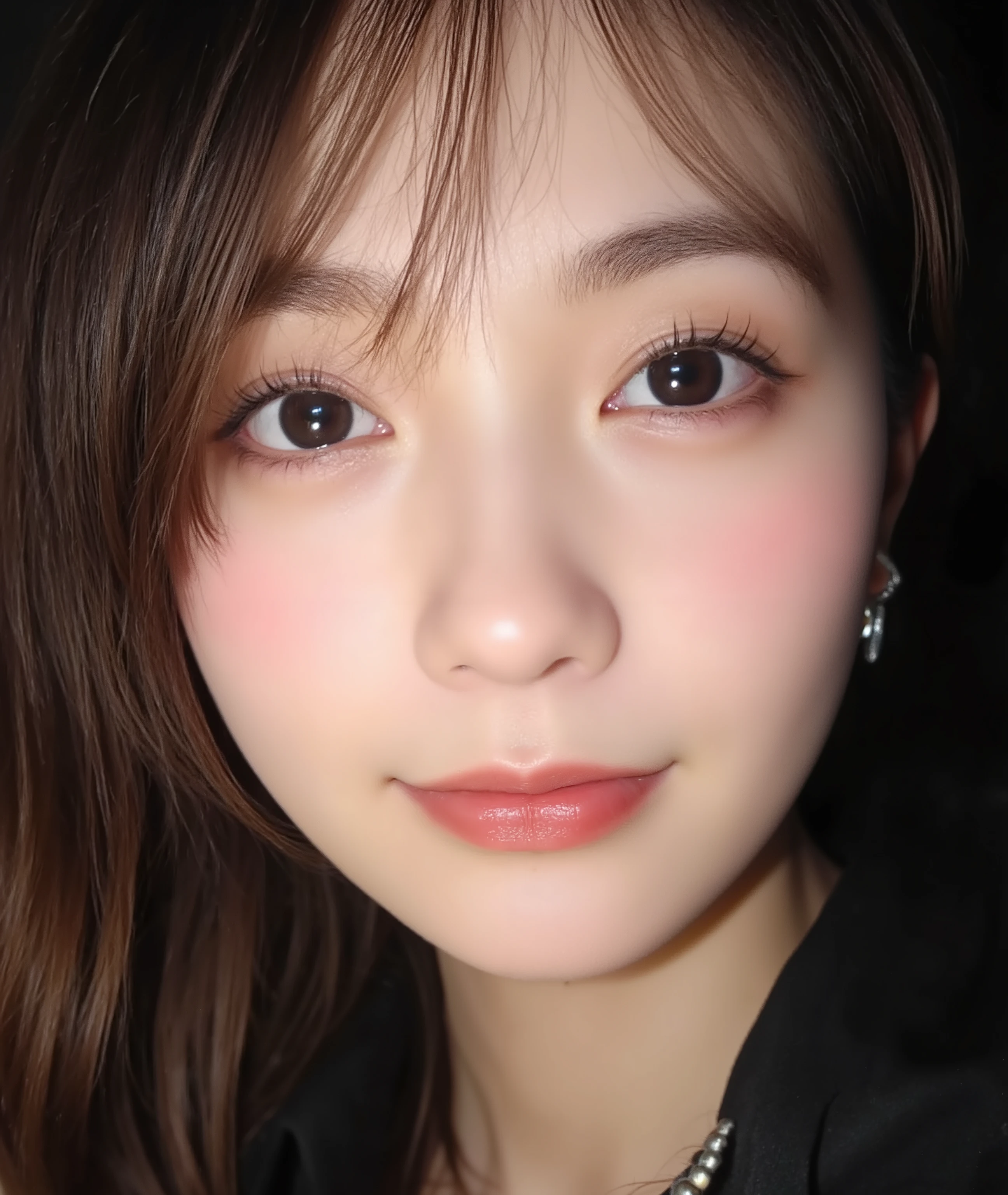 The image is a close-up photograph of a young Asian woman with a fair complexion. Her face dominates the frame, occupying the majority of the image, with her eyes, nose, and lips prominently visible. She has large, almond-shaped eyes with long, thick eyelashes, and her skin is smooth and soft. Her lips are full and slightly parted, revealing a natural, rosy hue. She wears a small silver stud earring in her left ear, adding a subtle touch of personal style.

Her hair is long, dark brown with subtle highlights, and it partially covers her forehead, giving a slightly tousled, casual look. The background is out of focus, but it appears to be a dark, possibly indoor setting, which emphasizes her face and provides a stark contrast to her light complexion. She is wearing a black garment, possibly a top or a sleeve, which is visible at the bottom of the image. The overall mood of the photograph is intimate and personal, capturing a candid moment with a natural, unfiltered aesthetic.