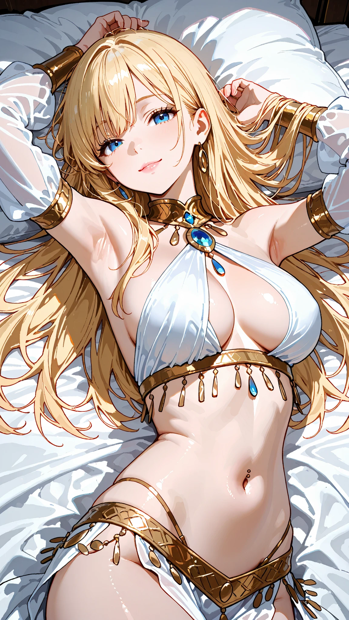 (exquisite eyes: 1.2), high quality, detailed 3D portrait, beautiful light blue eyes, shiny blond hair, exposed ???????? and fair skin, beautiful flat belly, wearing a wedding dress lying on the bed, full size ???????, ?????????????, exhale and sweat, ?????? augmentation.