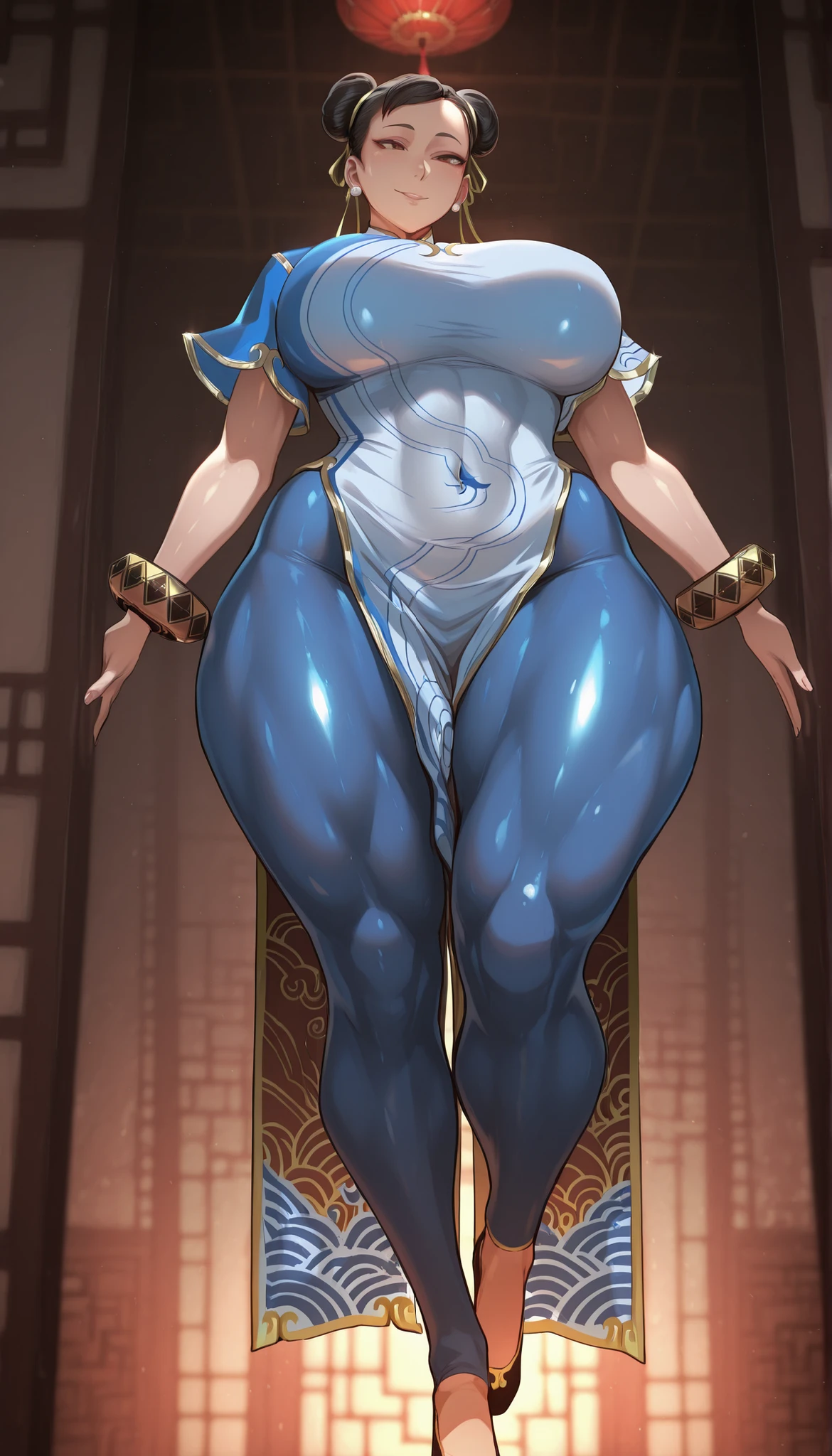 masterpiece, best quality, Chun-li_SF6, 1girl, solo, black hair, double bun, brown eyes, china dress, bracelet, blue pantyhose, black footwear, big breasts, thick plumpy thighs, wide curvy hips, voluptuous body, Curvy body, thicc woman, cowboy shot, front view, full body, lifting her one leg up, from below, dynamic pose, smiling wide , cinematic light, cinematic view