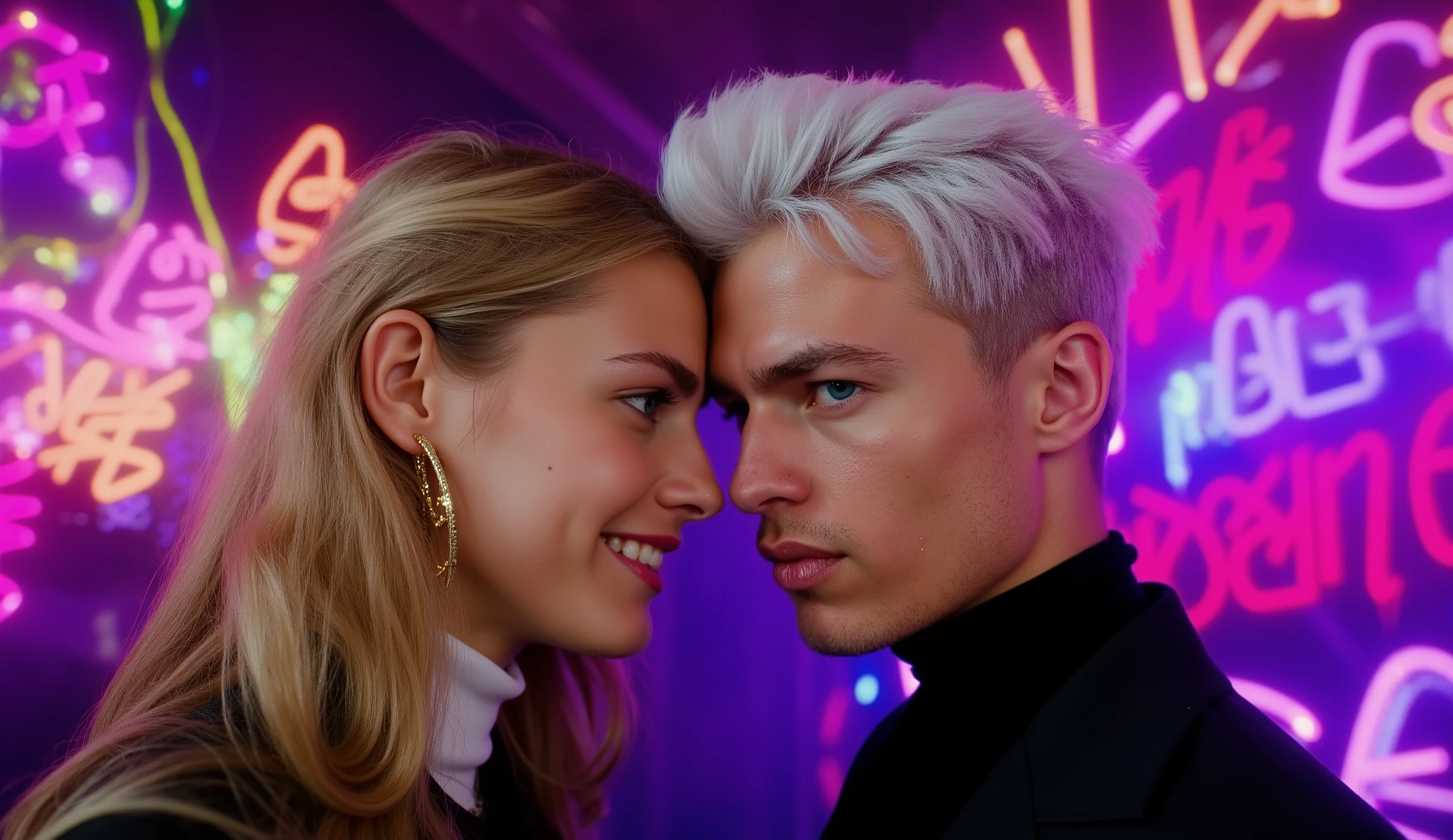 XLV6_ score, source_Anime, masterpiece, masterpiece, best quality, ultra-detailed, 8k, high resolution, best quality, very detailed, PERFECTIVE ANATOMY, great quality, score_9, score_8_up, score_7_up, BREAK ExpressiveH, souce_explicit, BREAK , 1 girl only, highly contrast, Showcase high-quality artwork,(extremely detailed eye)with the very detail hair, ((((((1girl left and 1 boy right)))))), shiny skin, Composition from the front, front, Upright posture, sunglasses, evil smile, evil face, dynamic pose, pick, Full body shot, The spotlight shines on, (((1 man white hair with pink highlights with heterochromia eyes, one light blue eye and one gray eye))) (1 attractive young woman, blond long hair with black highlights with phtalo green eyes:1.3), (sweet & shy), (Thick lips:0 . 9), ((club pop music album with the colorful glowing graffiti text "One More Time")), (Perfect face:1.1), perfect teeth, has colorful backgrounds, ((beautiful smile:1.3)), The spotlight shines on, colorful neon