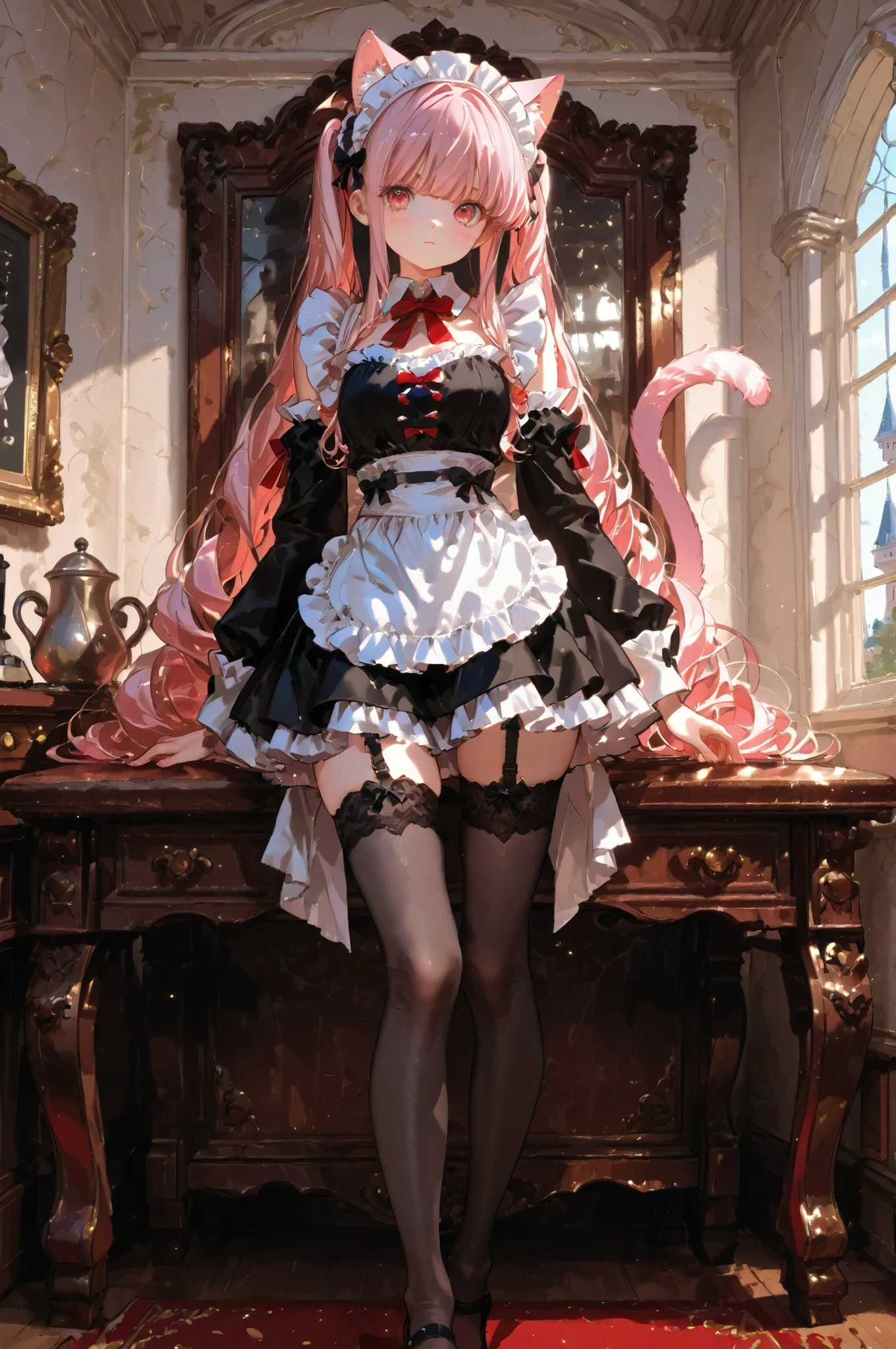  Old castle、(maid getting ready for dinner:1.7)、Desk with fancy meals、garter belt、stockings、Majestic Background、pink hair、long twin tail、 Luxury furniture、antique、European castle、　　　　　　　　　　　　　　　　　　　　　　　　　　　　　　　　　　　　　　　　　　　　　　　　　　　　　　　　　　　　　　　femininity（femininity）、skirt、charming、active girl、　　　　　　　　　　　　　　　　　　　　　　　　　　　　　　　　　　　　　　　　　　　　　　　　　　　　　　　　,Highest Quality, cute maid dress