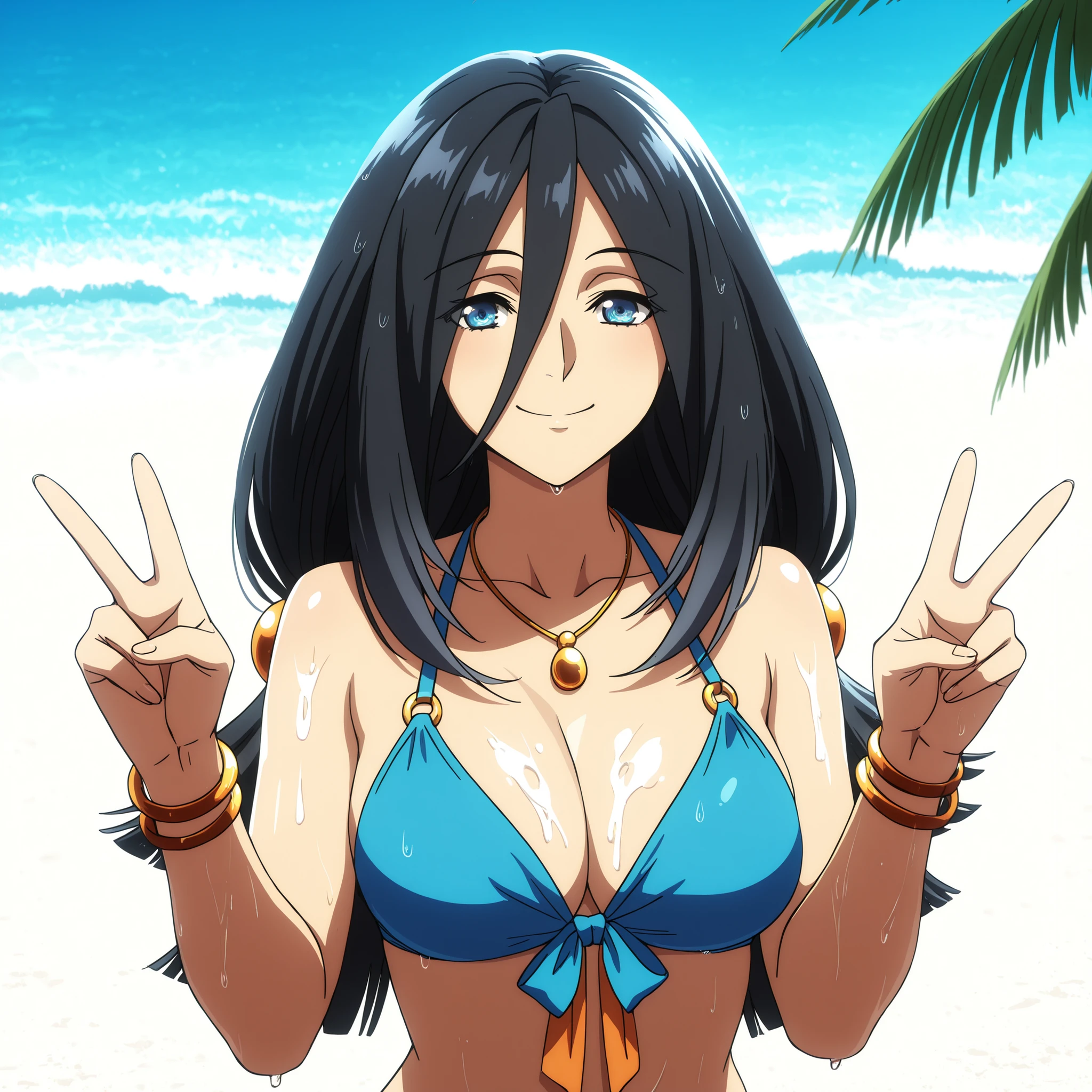 Shildina, blue eyes, black hair, a hair ornament, strands falling over her eyes, slender figure, and a generous bust. Fair skin. She wears a two-tone orange and blue bikini, bracelets, and a small necklace. She strolls along a beautiful, paradisiacal beach with white sand and blue skies, with waves and palm trees in the background. Wet skin. Highly detailed anime illustration, vibrant lighting, and smooth skin. happy smile. She makes the peace sign.
