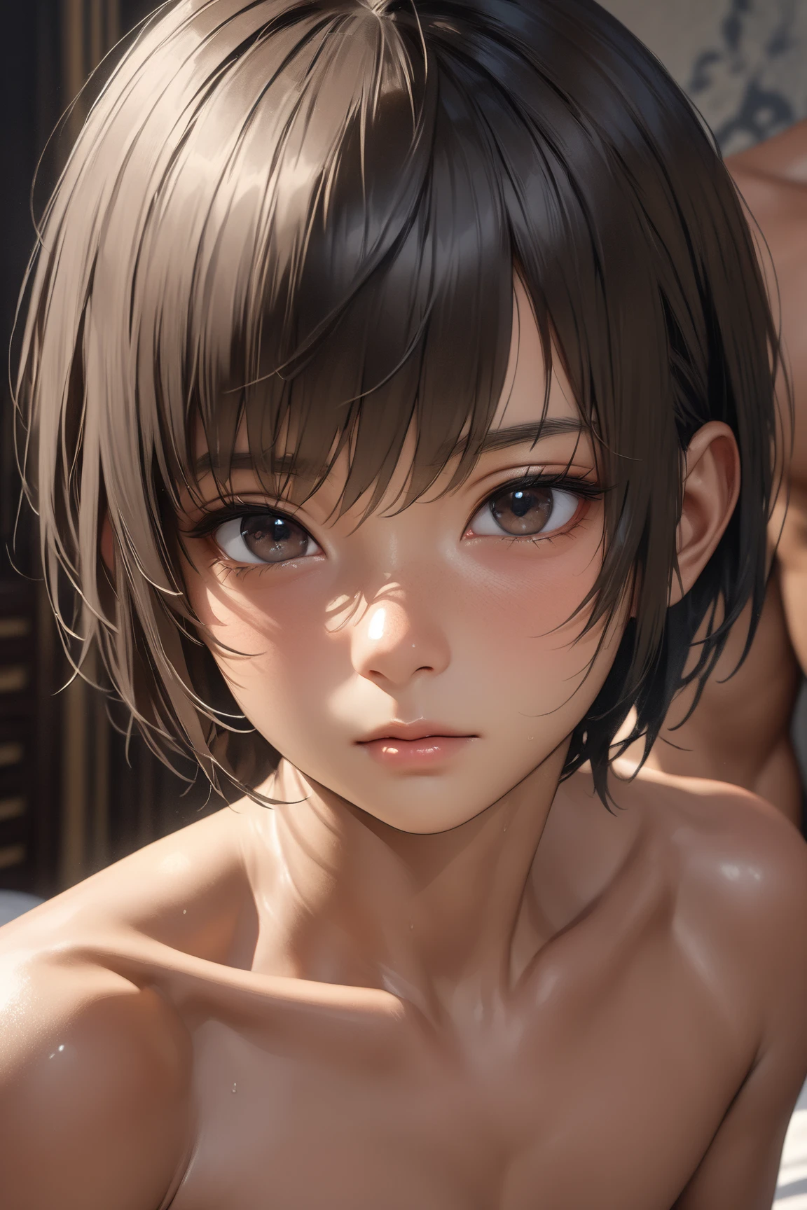 high quality, detailed, photo Realistic, (1 female to male),transgender,(22 years old tanned cute japanese), (detailed black eyes), (black short hair),(abs),(tanned dark skin:1.3), flat chest, black tiny thong,(detailed nipples), palace bedroom,(best quality,4k,8k,highres,masterpiece:1.2), (face close up:0.7),(realistic,photorealistic,photo-realistic:1.37),