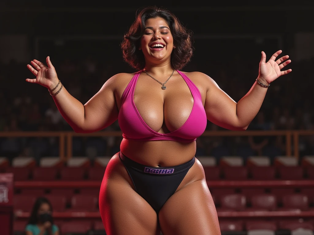 A beautiful mature older curly haired Colombian lady busty curvy dressed in lingerie boxing a kangaroo  in Times Square 