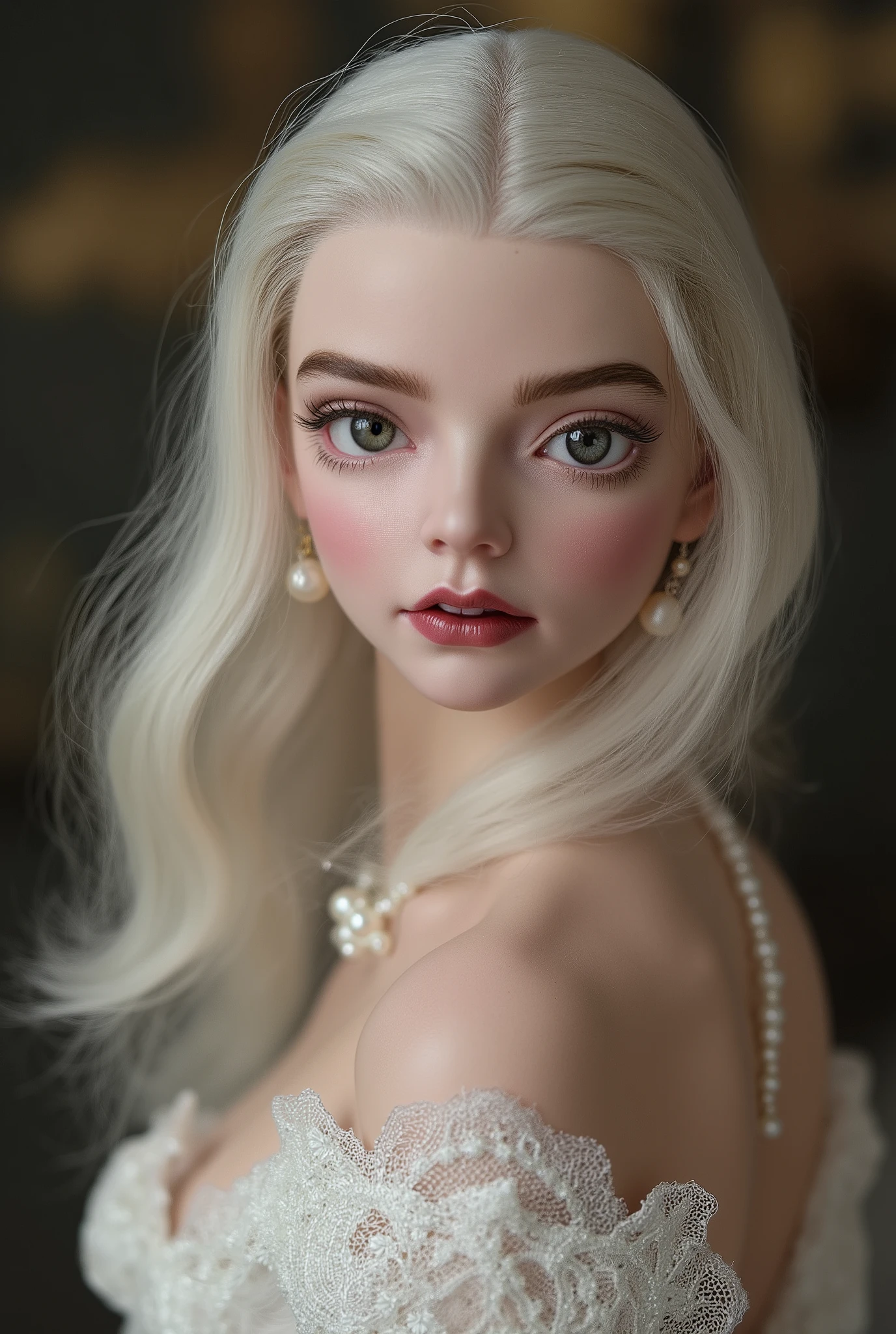Aesthetic vintage portrait of 1/4 ball jointed doll. doll half-turned to the viewer. Sensuality. Piercing gaze. Sensual facial expression. the joints of the elbows and shoulders are visible. Graceful back. Small open buttocks. Long white flowing hair. Small breasts. White lace. Elegant pearl jewelry. She poses like a fashion model. Extraordinary beauty. Masterpiece photography. Realism. High quality. High detail.
