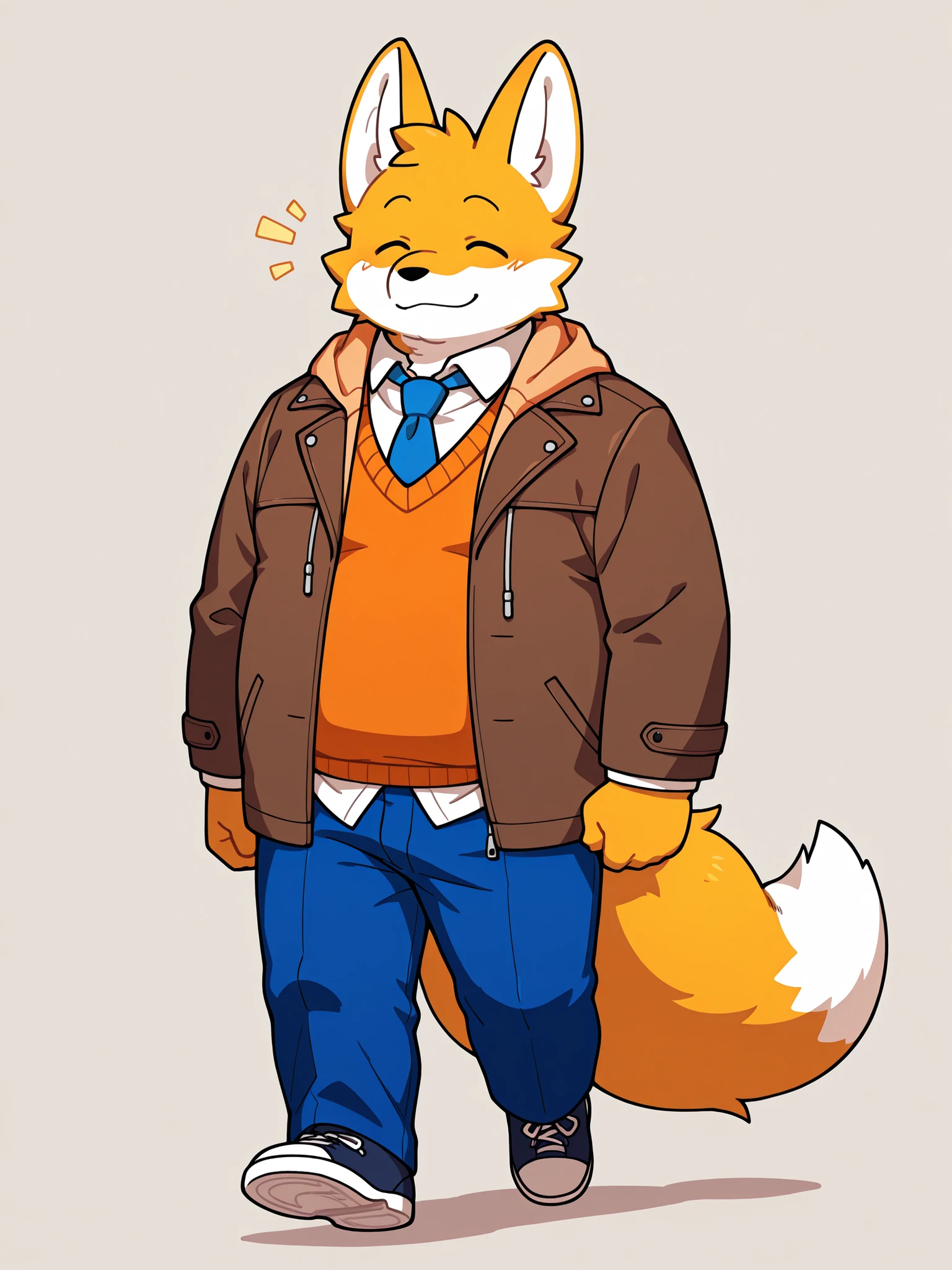 a fox walking in the park in the morning wearing a blue leather jacket, an orange sweater vest under the jacket and a white shirt with a blue tie under the sweater vest, and blue pants, fat nose, brown coat:1, Simple Background, happy expression,