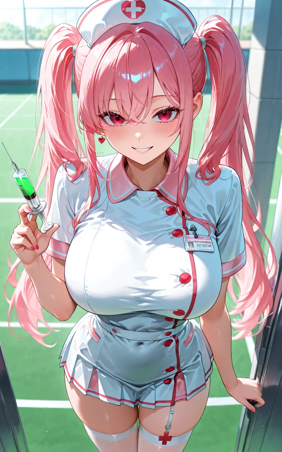 the best quality, 1girl huge large breasts,In a hospital，sickroom，holding a syringe，Pink yarn