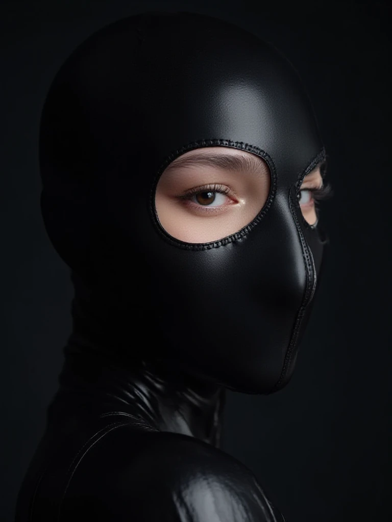 uma garota muito linda e muito magra, wearing a black  with pantyhose and face mask . Dark room with only red neon lighting. Muitos detalhes, extremamente realista. Alta qualidade, 8k
