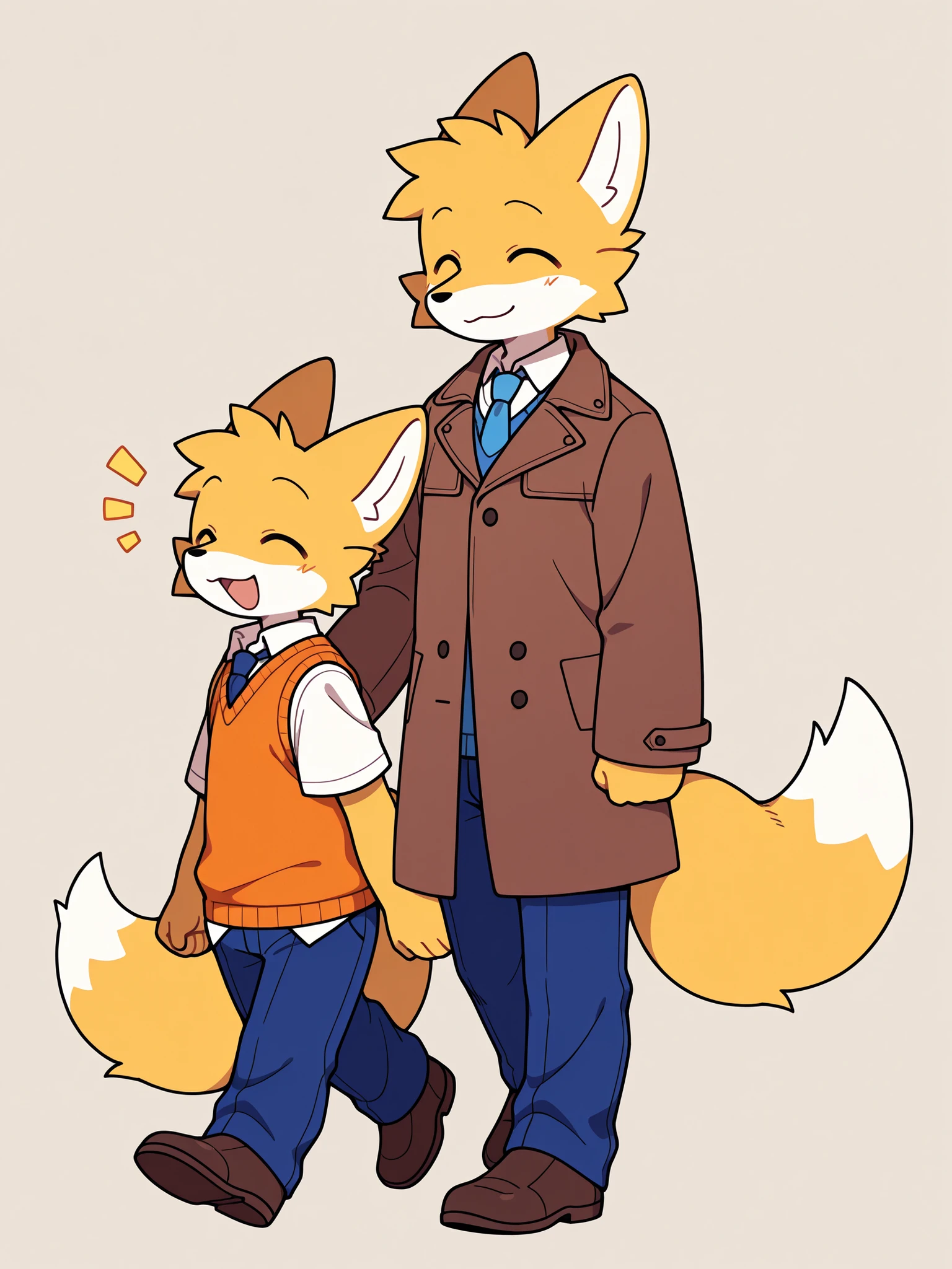 a fox walking in the park in the morning wearing a blue leather jacket, an orange sweater vest under the jacket and a white shirt with a blue tie under the sweater vest, and blue pants, short guy, brown coat:1, Simple Background, happy expression,