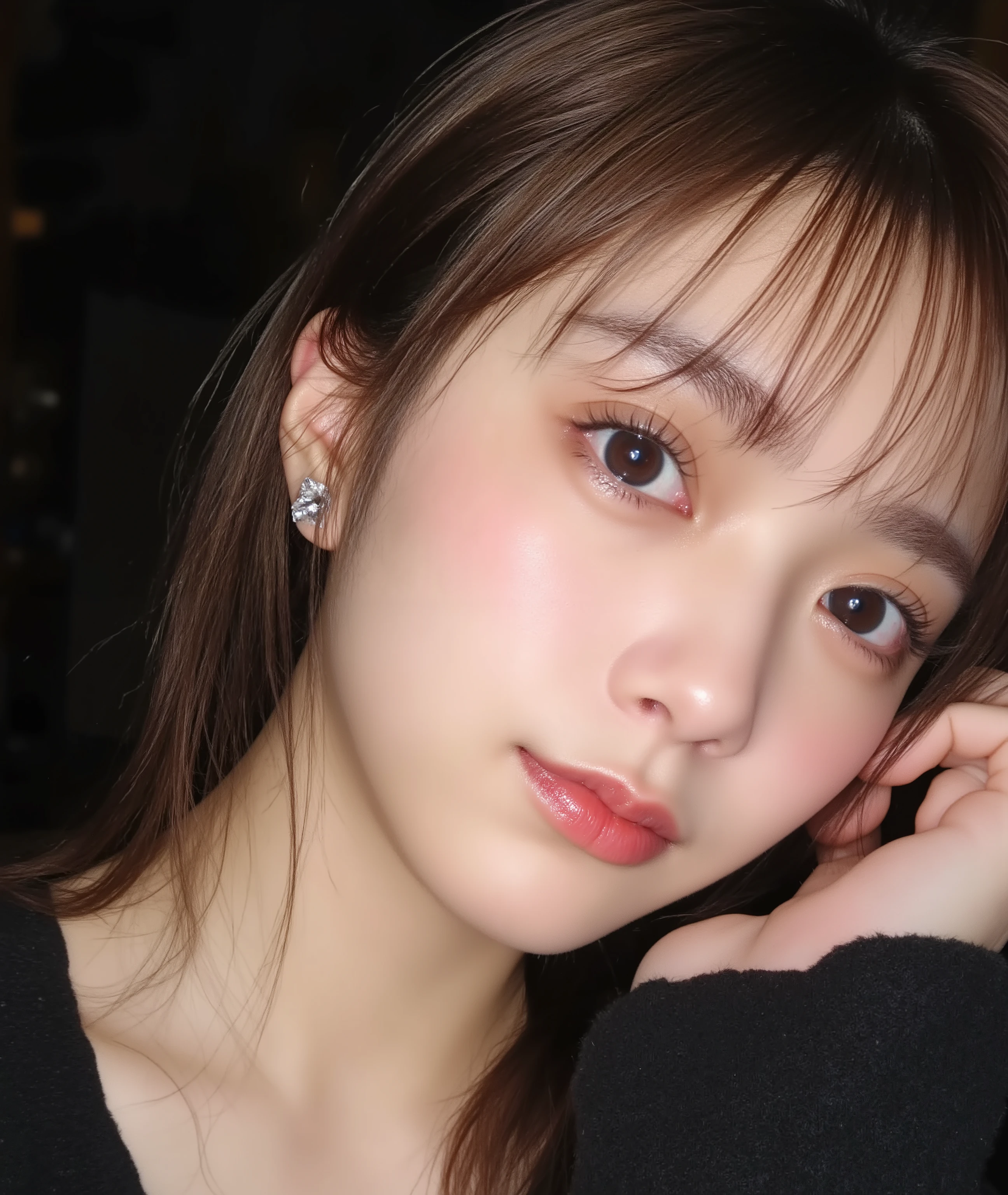 The image is a close-up photograph of a young Asian woman with a fair complexion. Her face dominates the frame, occupying the majority of the image, with her eyes, nose, and lips prominently visible. She has large, almond-shaped eyes with long, thick eyelashes, and her skin is smooth and soft. Her lips are full and slightly parted, revealing a natural, rosy hue. She wears a small silver stud earring in her left ear, adding a subtle touch of personal style.

Her hair is long, dark brown with subtle highlights, and it partially covers her forehead, giving a slightly tousled, casual look. The background is out of focus, but it appears to be a dark, possibly indoor setting, which emphasizes her face and provides a stark contrast to her light complexion. She is wearing a black garment, possibly a top or a sleeve, which is visible at the bottom of the image. The overall mood of the photograph is intimate and personal, capturing a candid moment with a natural, unfiltered aesthetic.