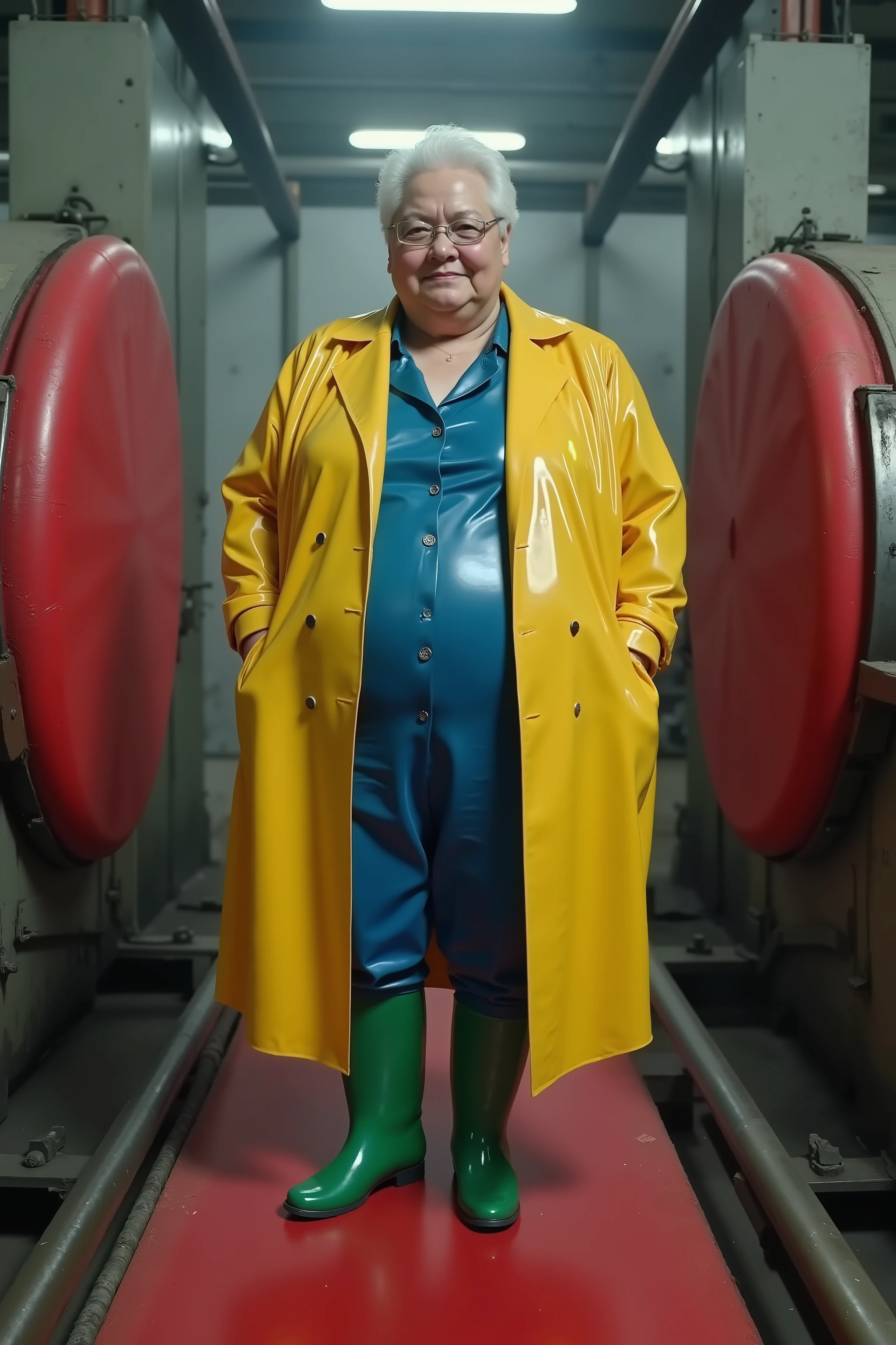 A fat 80 year old elderly Asian woman with a massive belly wears a shiny yellow latex trenchcoat with a blue latex suit, she wears green rubber boots, she is in a steamy factory standing on a red conveyor belt, two massive red padded hydraulic presses threaten to crush her from the sides