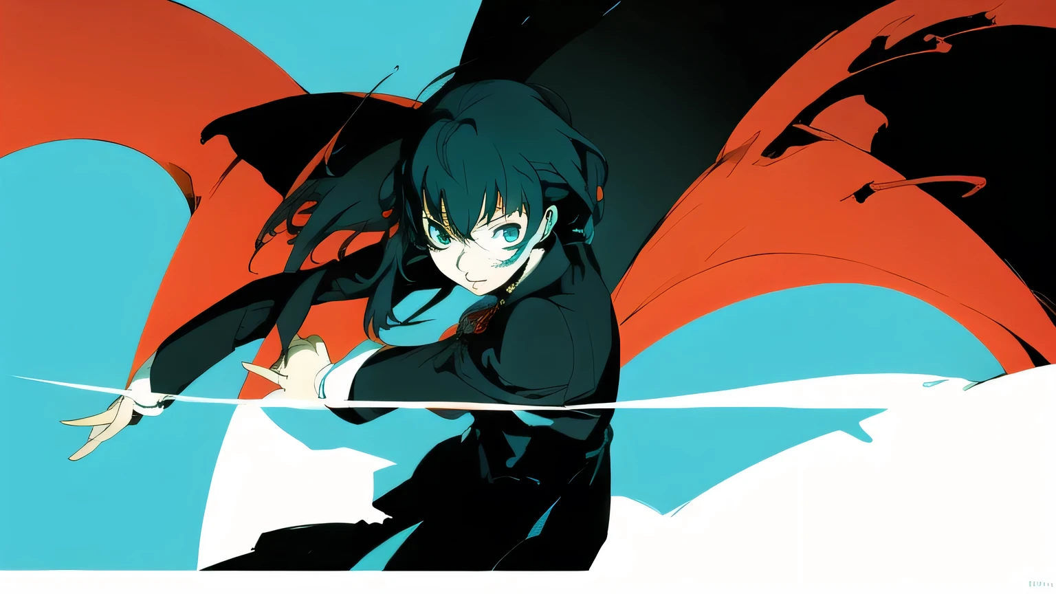 Light blue and black as the main colors. Red accents. A high school girl with black hair wearing a blazer uniform. Anime style. The background is light blue.