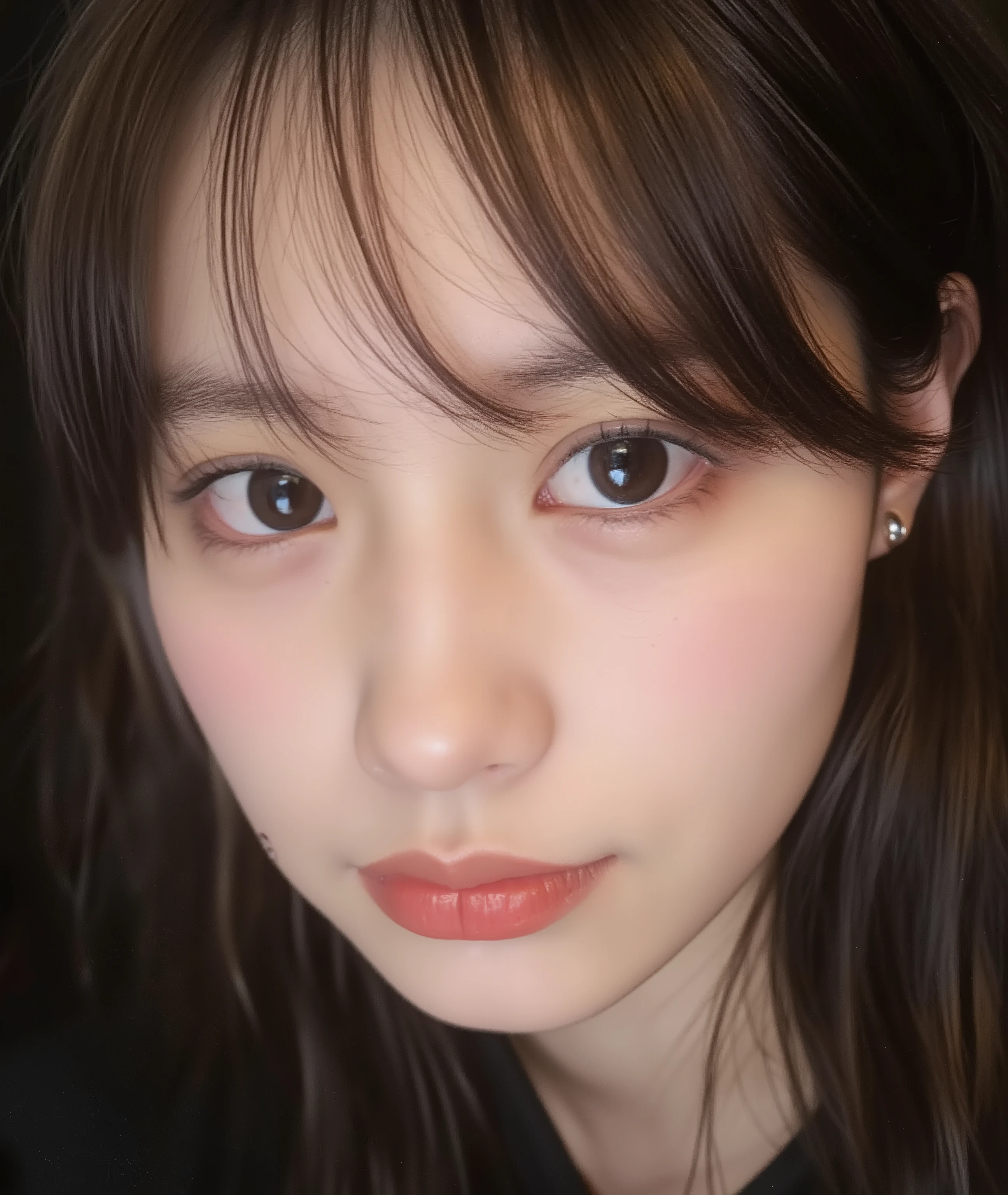 The image is a close-up photograph of a young Asian woman with a fair complexion. Her face dominates the frame, occupying the majority of the image, with her eyes, nose, and lips prominently visible. She has large, almond-shaped eyes with long, thick eyelashes, and her skin is smooth and soft. Her lips are full and slightly parted, revealing a natural, rosy hue. She wears a small silver stud earring in her left ear, adding a subtle touch of personal style.

Her hair is long, dark brown with subtle highlights, and it partially covers her forehead, giving a slightly tousled, casual look. The background is out of focus, but it appears to be a dark, possibly indoor setting, which emphasizes her face and provides a stark contrast to her light complexion. She is wearing a black garment, possibly a top or a sleeve, which is visible at the bottom of the image. The overall mood of the photograph is intimate and personal, capturing a candid moment with a natural, unfiltered aesthetic.