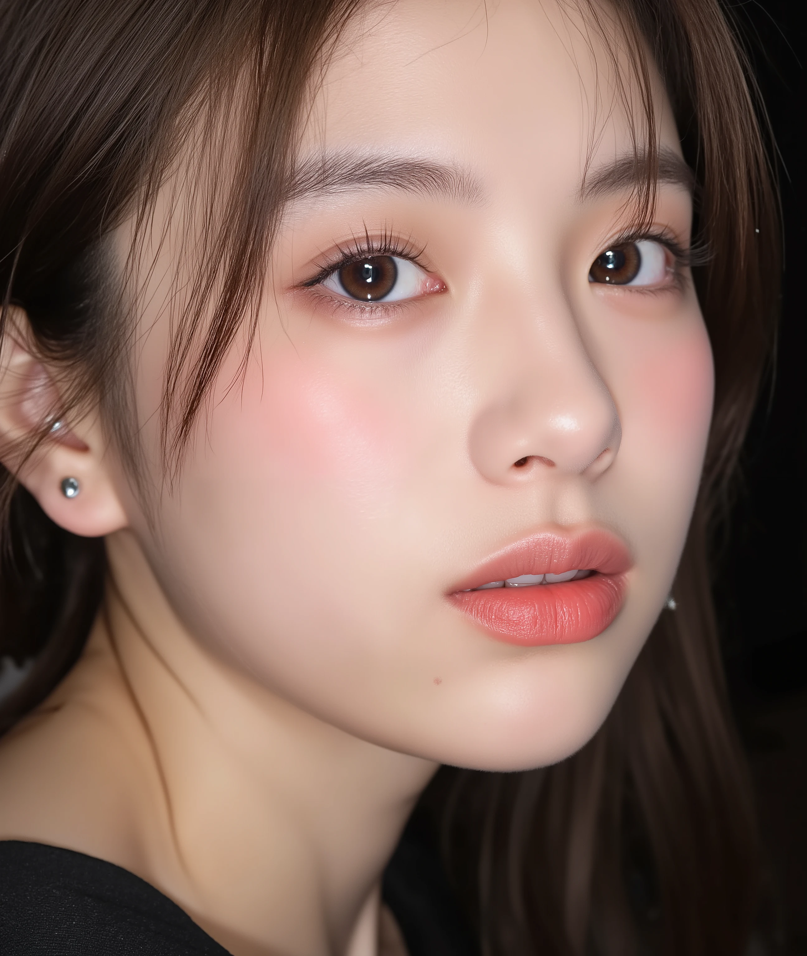 The image is a close-up photograph of a young Asian woman with a fair complexion. Her face dominates the frame, occupying the majority of the image, with her eyes, nose, and lips prominently visible. She has large, almond-shaped eyes with long, thick eyelashes, and her skin is smooth and soft. Her lips are full and slightly parted, revealing a natural, rosy hue. She wears a small silver stud earring in her left ear, adding a subtle touch of personal style.

Her hair is long, dark brown with subtle highlights, and it partially covers her forehead, giving a slightly tousled, casual look. The background is out of focus, but it appears to be a dark, possibly indoor setting, which emphasizes her face and provides a stark contrast to her light complexion. She is wearing a black garment, possibly a top or a sleeve, which is visible at the bottom of the image. The overall mood of the photograph is intimate and personal, capturing a candid moment with a natural, unfiltered aesthetic.