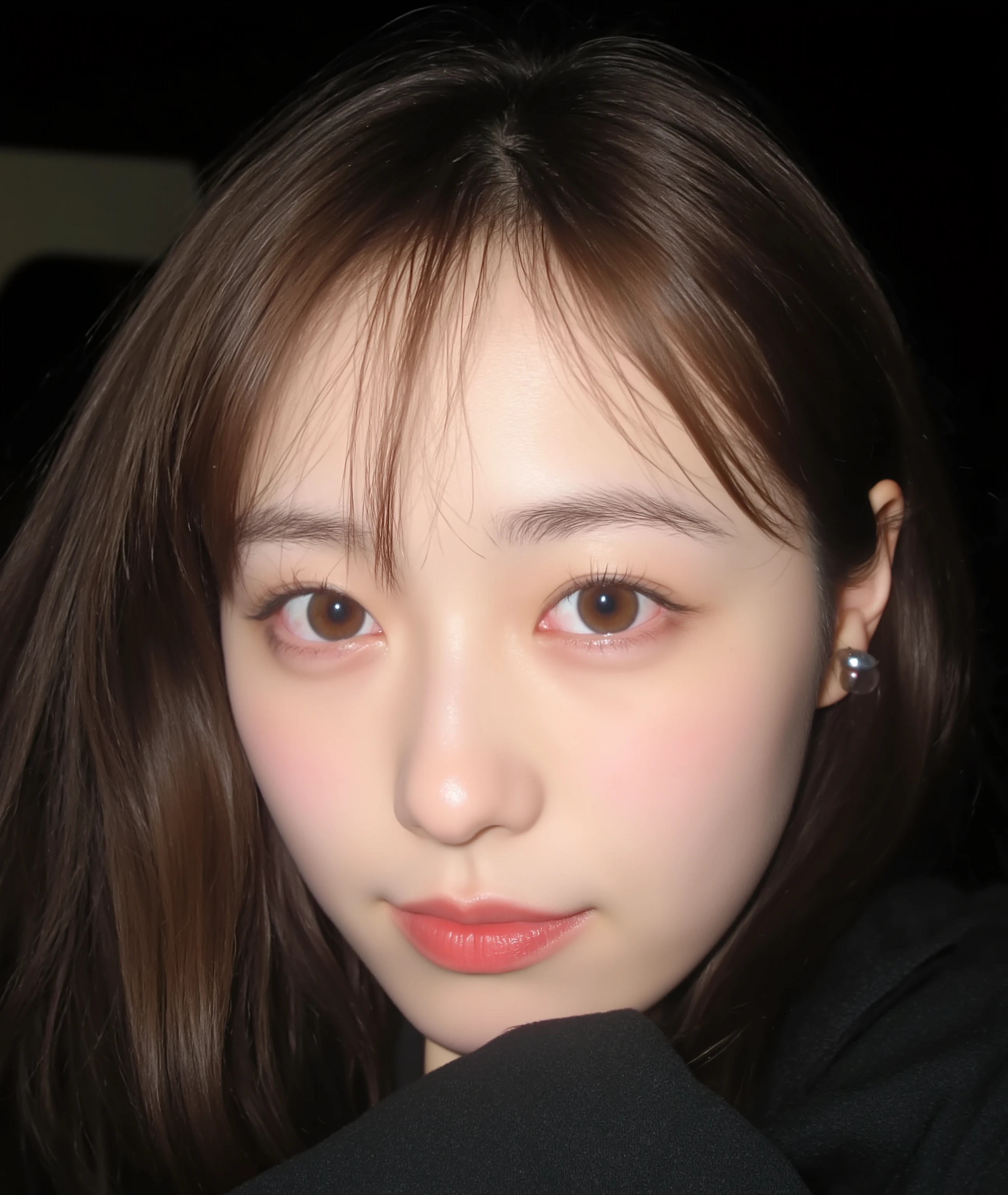 The image is a close-up photograph of a young Asian woman with a fair complexion. Her face dominates the frame, occupying the majority of the image, with her eyes, nose, and lips prominently visible. She has large, almond-shaped eyes with long, thick eyelashes, and her skin is smooth and soft. Her lips are full and slightly parted, revealing a natural, rosy hue. She wears a small silver stud earring in her left ear, adding a subtle touch of personal style.
Her hair is long, dark brown with subtle highlights, and it partially covers her forehead, giving a slightly tousled, casual look. The background is out of focus, but it appears to be a dark, possibly indoor setting, which emphasizes her face and provides a stark contrast to her light complexion. She is wearing a black garment, possibly a top or a sleeve, which is visible at the bottom of the image. The overall mood of the photograph is intimate and personal, capturing a candid moment with a natural, unfiltered aesthetic.