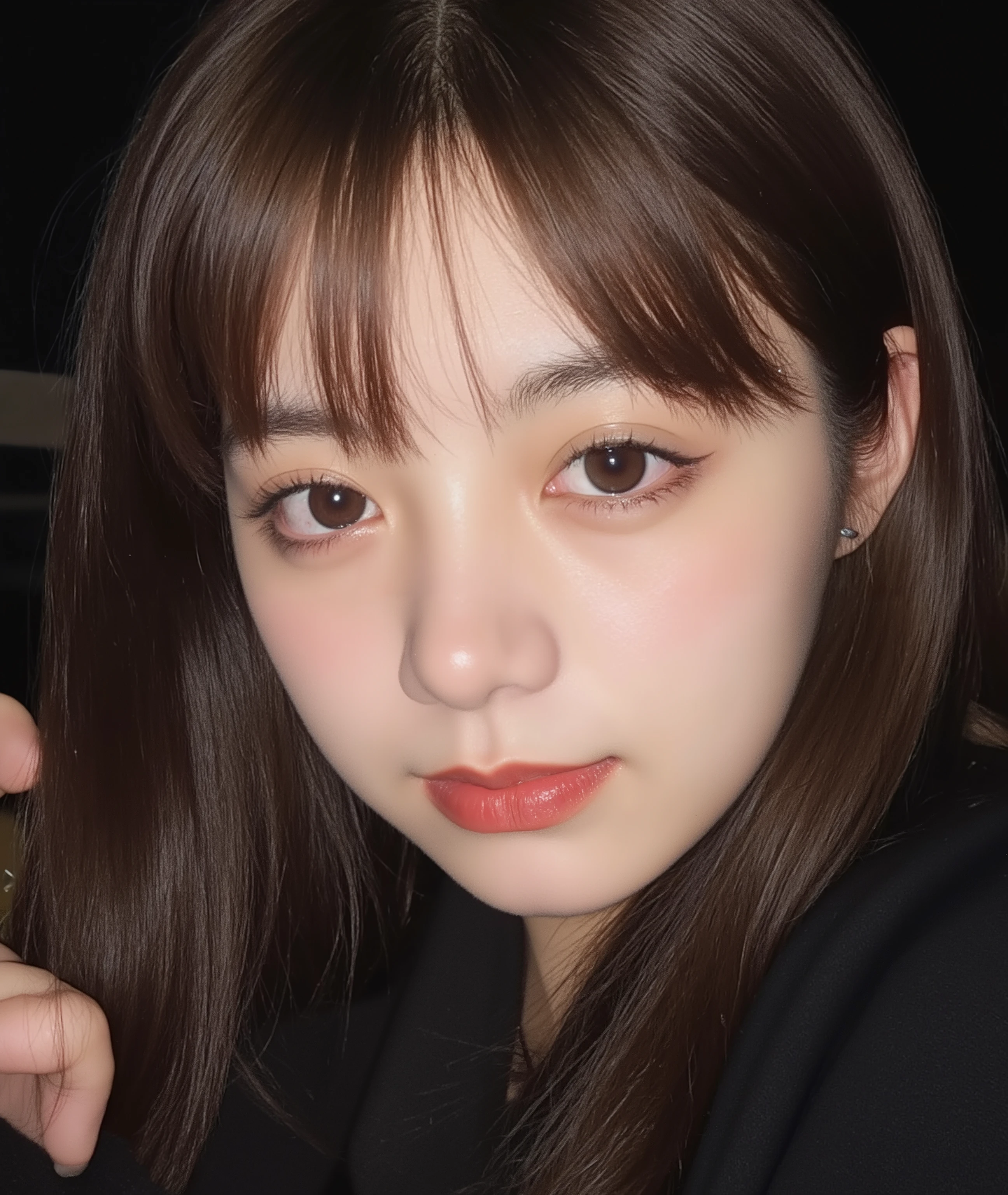 The image is a close-up photograph of a young Asian woman with a fair complexion. Her face dominates the frame, occupying the majority of the image, with her eyes, nose, and lips prominently visible. She has large, almond-shaped eyes with long, thick eyelashes, and her skin is smooth and soft. Her lips are full and slightly parted, revealing a natural, rosy hue. She wears a small silver stud earring in her left ear, adding a subtle touch of personal style.
Her hair is long, dark brown with subtle highlights, and it partially covers her forehead, giving a slightly tousled, casual look. The background is out of focus, but it appears to be a dark, possibly indoor setting, which emphasizes her face and provides a stark contrast to her light complexion. She is wearing a black garment, possibly a top or a sleeve, which is visible at the bottom of the image. The overall mood of the photograph is intimate and personal, capturing a candid moment with a natural, unfiltered aesthetic.