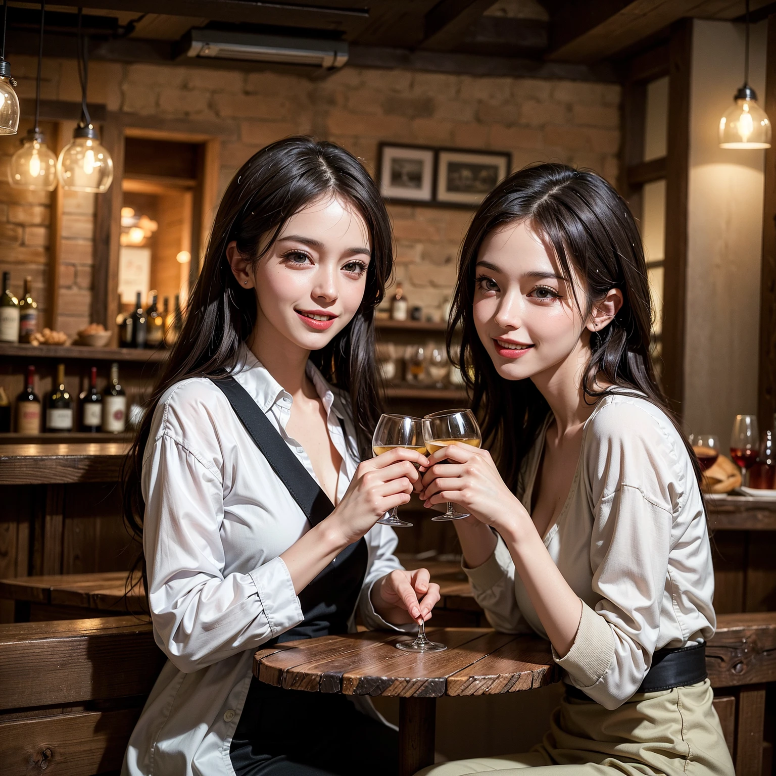 ((highest quality、8k、masterpiece:1.3))、1 male、1 female、Satomi Ishihara lookalike couple、Spouse、Couple、The body is slim、((Bob Hale、Straight hair:1.2)), (Realistic, Intricate details:1.2), Wine glass on the table、Shine light on your face、 Amazing view of the sunset sky and clouds、Amazing mountain views、A bright smile、The wonderfulness of smile、Bright image、The beauty of wine, Beautiful Face, blue eyes, The light shines on your face, Blushing, short hair,Bright Face、 (Age 37), 39 years old, red wine 、Appetizers、Italian food、Wine bottle、Champagne、sparkling wine、Two beauties、Brown Hair、Shortcuts、Long sleeve shirt、dress、Pretty Woman 1, (Slim face), (The body is slim), (Brown Hair), (Shortcuts), cheeks turn a little red,Attractive beauty、restaurant, In a prominent place (From the waist up) Nova Frog Style, actress, model, Upper Body, White wine, slim, wine glass, A wine glass placed in the center, smile, (smile: 1.15), Beautiful fine grain, Depth f/2,saturation, High Contrast, Strong light and shadow,Moist Body:1.5、3D texture、Delicate eyes、Brown Hair、The hair is very shiny、