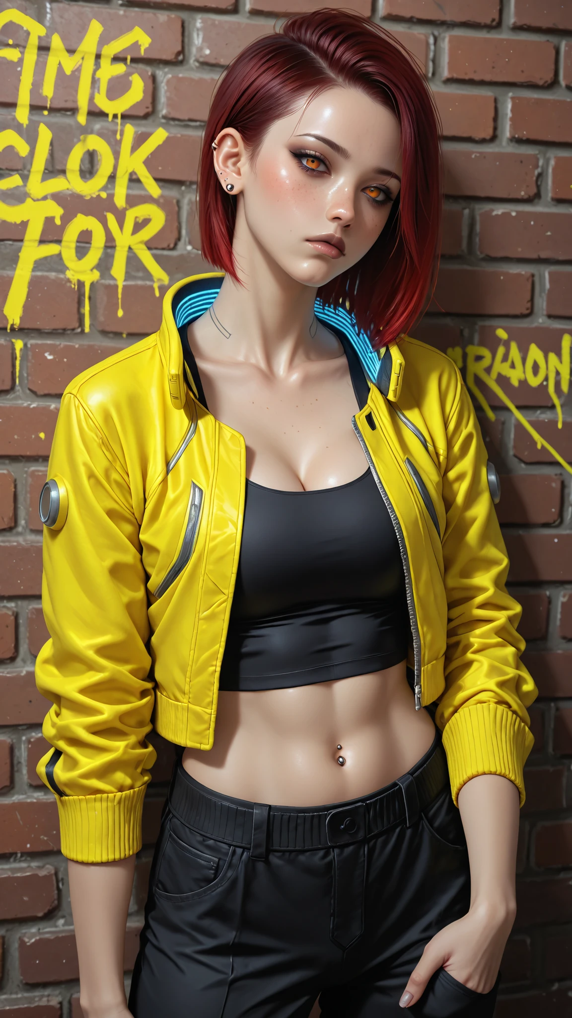 Vcyberpunk,1girl,solo,looking at viewer,navel,cleavage,jewelry,collarbone,jacket,red hair,earrings,open clothes,midriff,mole,open jacket,black crop top,orange eyes,makeup,piercing,black pants,ear piercing,colored sclera,freckles,yellow jacket,black lips,lip piercing,eyebrow cut
, a brick wall with yellow graffiti at background