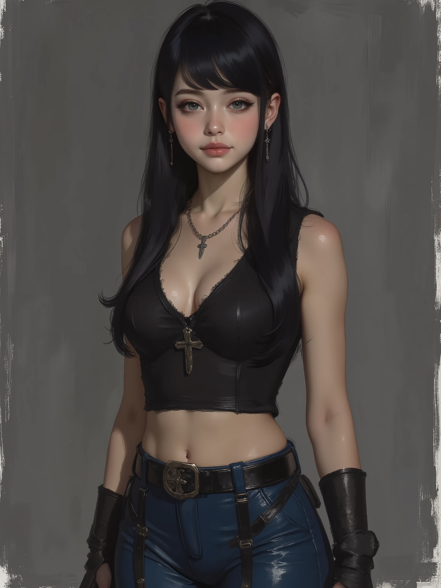 sketch painting, marinette Dopanchan, A very beautiful and cute 22 year old woman with a slight smile. (((Shy smile))), sharp focus on the face, (((Western eyes:1.5))), (((Extremely detailed ice-blue eyes, beautiful eyes, beautifully detailed eyes))), (((delicately detailed thin pink lips))), (((long hair, shiny hair))), (((black medieval steampunk style sleeveless t-shirt))), (((Dark Blue medieval steampunk style leather warrior pants))), (((full body view, dynamic pose, standing:1.5, graceful pose))), (((The background is Dark Gray and painted with expressive, visible textures using dynamic brushstrokes and strokes that add depth and movement. The paint covers only the area just behind the subject. The outer edges of the image with black margins, as if the background had been painted with a brush and with expressive and visible textures using dynamic brushstrokes and strokes fading toward the edges creating a modern and artistic vignette effect))). Cinematic lighting, soft depth of field, (((masterpiece/high resolution/Best Quality/top quality/high quality/UHD/16k quality))), sharp focus, no blur, film grain, bokeh.