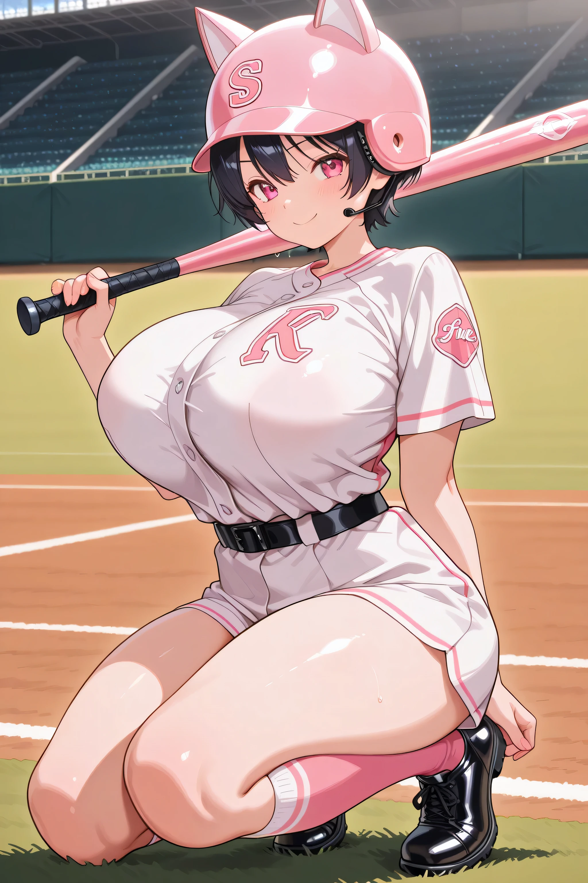detailxl,8k、High Fine、high image quality、masterpiece、very detailed illustrations、(baseball field)、(baseball uniforms being prostituted)、(short hair、dark haired)、(big boobs)、(pink and white uniform holding the bat on the right、black belt、black spiked shoes)、(バットを右に手持つ)、(pink helmet)、(happy face)、cute、idol、Beautiful Woman