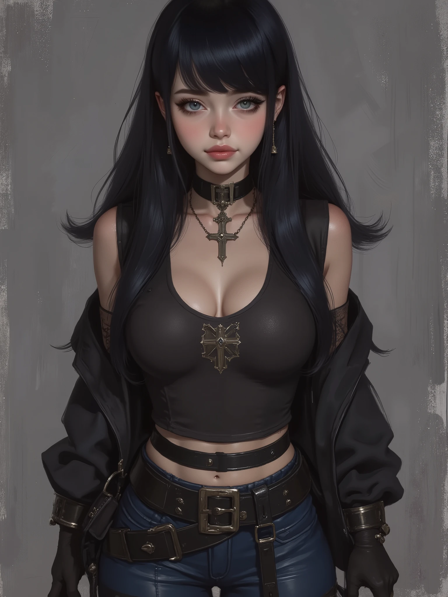 sketch painting, marinette Dopanchan, A very beautiful and cute 22 year old woman with a slight smile. (((Shy smile))), sharp focus on the face, (((Western eyes:1.5))), (((Extremely detailed ice-blue eyes, beautiful eyes, beautifully detailed eyes))), (((delicately detailed thin pink lips))), (((long hair, shiny hair))), (((black medieval steampunk style sleeveless t-shirt))), (((Dark Blue medieval steampunk style leather warrior pants))), (((full body view, dynamic pose, standing:1.5, graceful pose))), (((The background is Dark Gray and painted with expressive, visible textures using dynamic brushstrokes and strokes that add depth and movement. The paint covers only the area just behind the subject. The outer edges of the image with black margins, as if the background had been painted with a brush and with expressive and visible textures using dynamic brushstrokes and strokes fading toward the edges creating a modern and artistic vignette effect))). Cinematic lighting, soft depth of field, (((masterpiece/high resolution/Best Quality/top quality/high quality/UHD/16k quality))), sharp focus, no blur, film grain, bokeh.