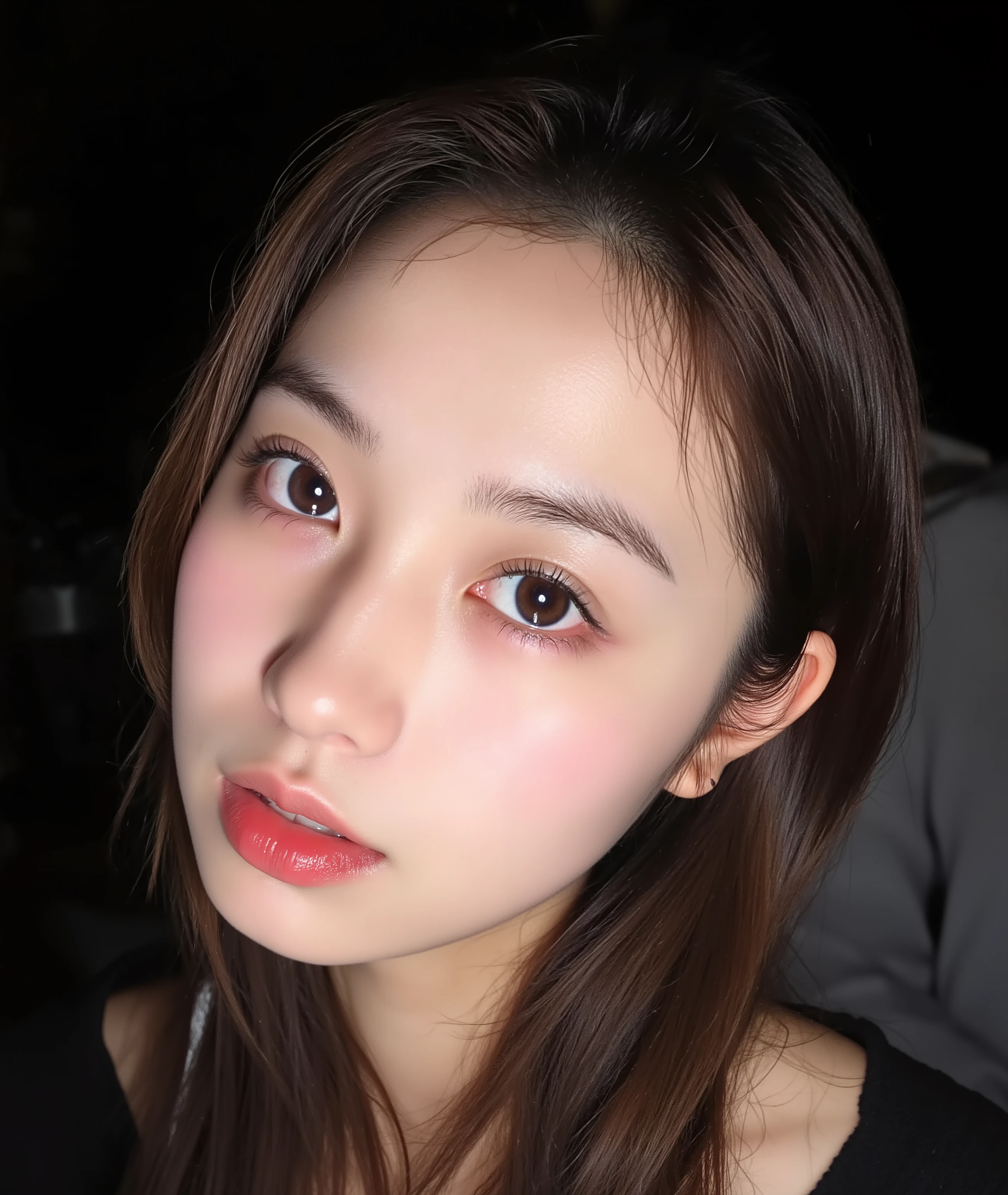 The image is a close-up photograph of a young Asian woman with a fair complexion. Her face dominates the frame, occupying the majority of the image, with her eyes, nose, and lips prominently visible. She has large, almond-shaped eyes with long, thick eyelashes, and her skin is smooth and soft. Her lips are full and slightly parted, revealing a natural, rosy hue. She wears a small silver stud earring in her left ear, adding a subtle touch of personal style.
Her hair is long, dark brown with subtle highlights, and it partially covers her forehead, giving a slightly tousled, casual look. The background is out of focus, but it appears to be a dark, possibly indoor setting, which emphasizes her face and provides a stark contrast to her light complexion. She is wearing a black garment, possibly a top or a sleeve, which is visible at the bottom of the image. The overall mood of the photograph is intimate and personal, capturing a candid moment with a natural, unfiltered aesthetic.
