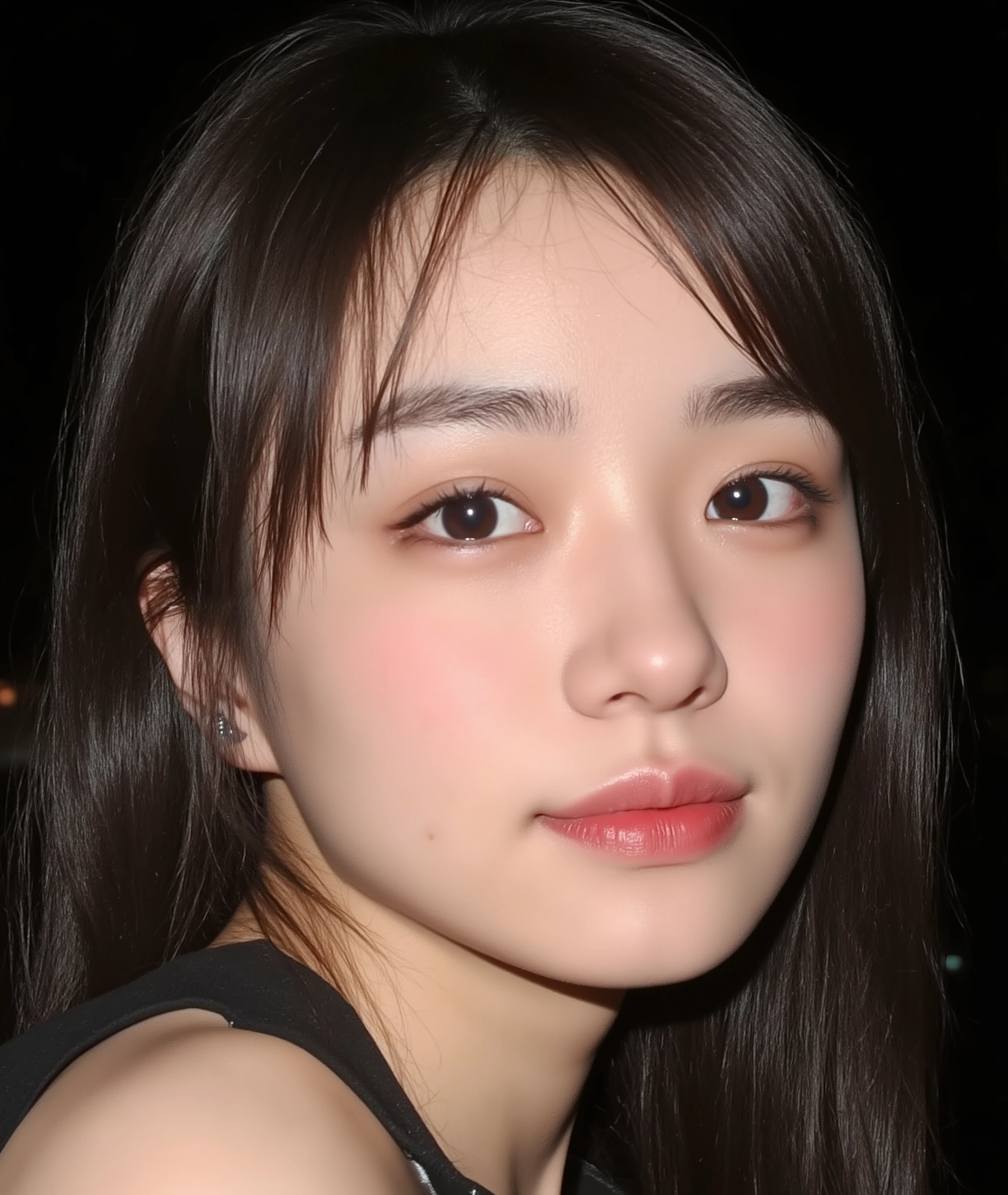 The image is a close-up photograph of a young Asian woman with a fair complexion. Her face dominates the frame, occupying the majority of the image, with her eyes, nose, and lips prominently visible. She has large, almond-shaped eyes with long, thick eyelashes, and her skin is smooth and soft. Her lips are full and slightly parted, revealing a natural, rosy hue. She wears a small silver stud earring in her left ear, adding a subtle touch of personal style.

Her hair is long, dark brown with subtle highlights, and it partially covers her forehead, giving a slightly tousled, casual look. The background is out of focus, but it appears to be a dark, possibly indoor setting, which emphasizes her face and provides a stark contrast to her light complexion. She is wearing a black garment, possibly a top or a sleeve, which is visible at the bottom of the image. The overall mood of the photograph is intimate and personal, capturing a candid moment with a natural, unfiltered aesthetic.