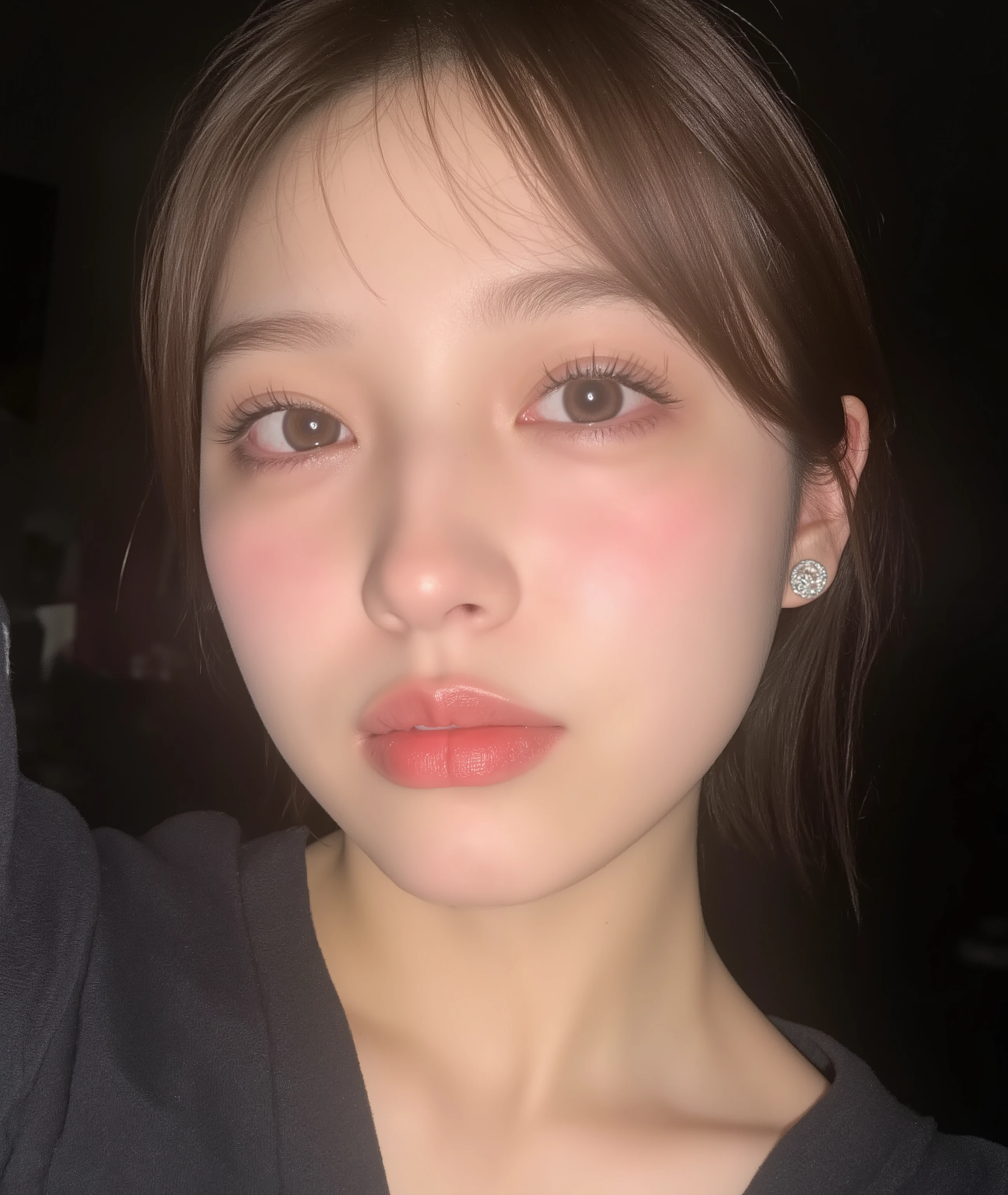 The image is a close-up photograph of a young Asian woman with a fair complexion. Her face dominates the frame, occupying the majority of the image, with her eyes, nose, and lips prominently visible. She has large, almond-shaped eyes with long, thick eyelashes, and her skin is smooth and soft. Her lips are full and slightly parted, revealing a natural, rosy hue. She wears a small silver stud earring in her left ear, adding a subtle touch of personal style.

Her hair is long, dark brown with subtle highlights, and it partially covers her forehead, giving a slightly tousled, casual look. The background is out of focus, but it appears to be a dark, possibly indoor setting, which emphasizes her face and provides a stark contrast to her light complexion. She is wearing a black garment, possibly a top or a sleeve, which is visible at the bottom of the image. The overall mood of the photograph is intimate and personal, capturing a candid moment with a natural, unfiltered aesthetic.