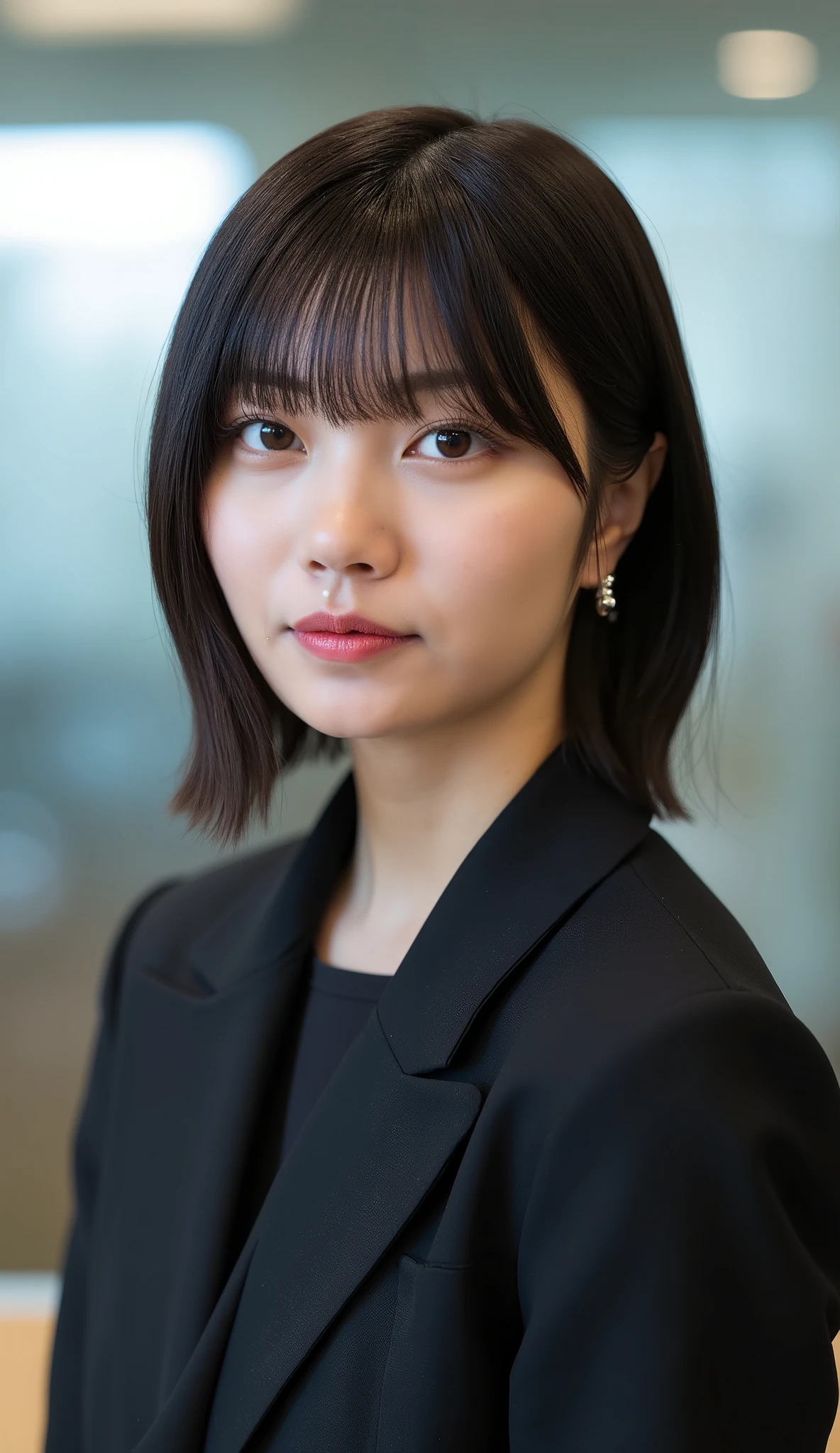 Neat Young Woman、looking at the camera、office lady suit、jacket、shirt、Ear piercings、前髪あり、hairstyle short bob、薄い茶髪、歯を見せた笑顔、、、face close-up、The background is office
