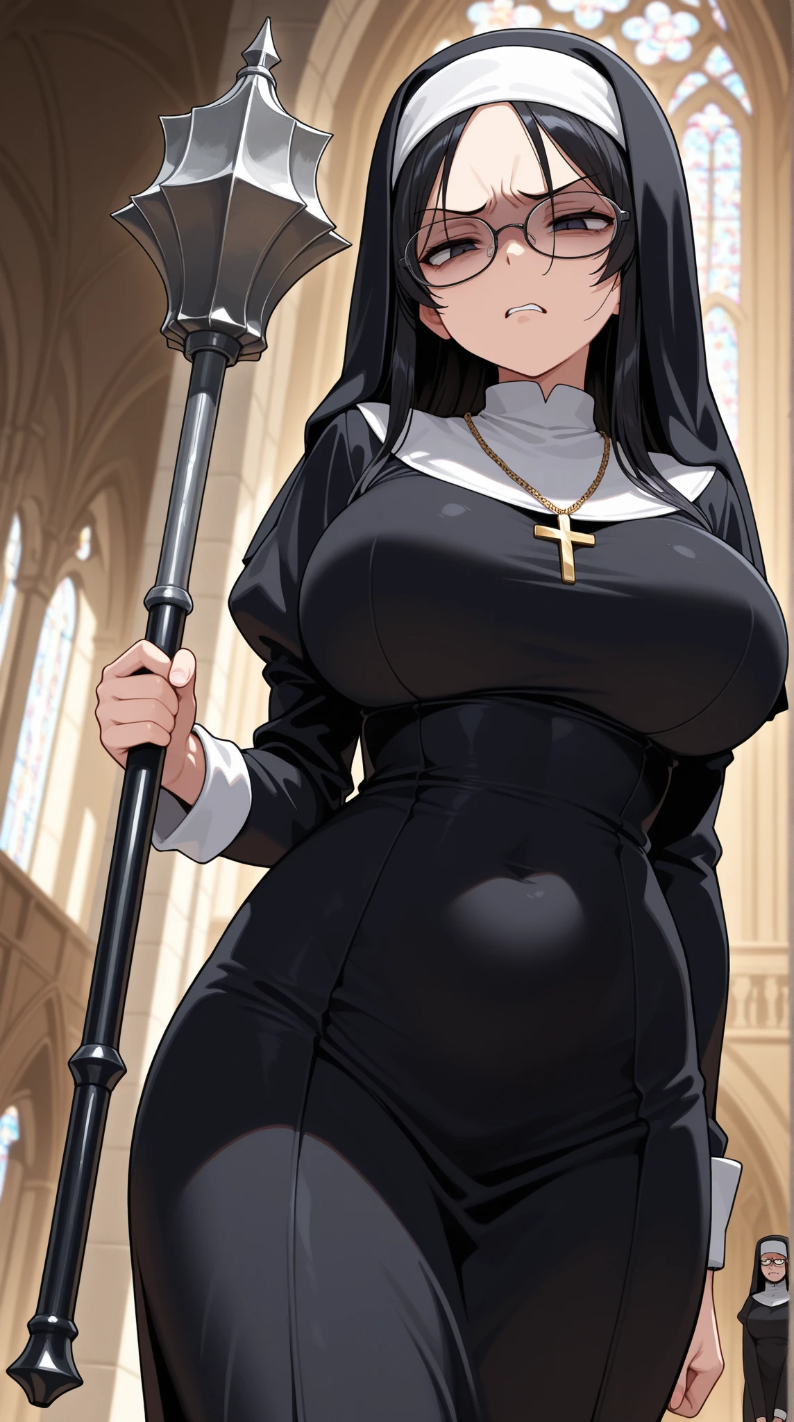 score_9, score_8_up, score_7_up, 1girl, edabl, blue eyes, blonde hair, large breasts, parted bangs,
pink-tinted eyewear, traditional nun, veil, black habit, black dress, cross necklace, white cowl, chest harness, shoulder holster, black sleeves, sleeves rolled up, 
looking up, parted lips, smirk, kneeling, hands on own chest, wariza, spread legs,
indoors, church, sunbeam, sparkling, from below, breasts focus, dutch angle, sunbeam, sparkle, light rays, glint, orange theme,
<lora:Eda-Edith-Blackwater-Black-Lagoon-PDXL_V1-Manityro-CAME:1.0>,