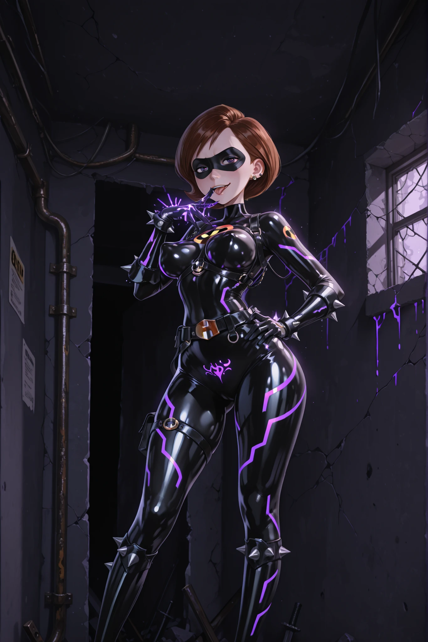 Helen Parr, Elastigirl. Brown hair. Black eye mask. Spiky piercings. Sarcastic smile. Glossy. Black costume. Leather bodysuit. Spiked accessories. Metal armor. Leather harness. Purple glowing line. Latex gloves. Cartoon body. Perky breasts. Large waist. Detailed thighs. Thick legs. Massive legs. Crotch tattoo. Clawed gloves. Hand on hip. Licking fingers. Asymmetrical leg pose. Dark room. Ruins. Cracked wall. Concrete wall. Rebar.