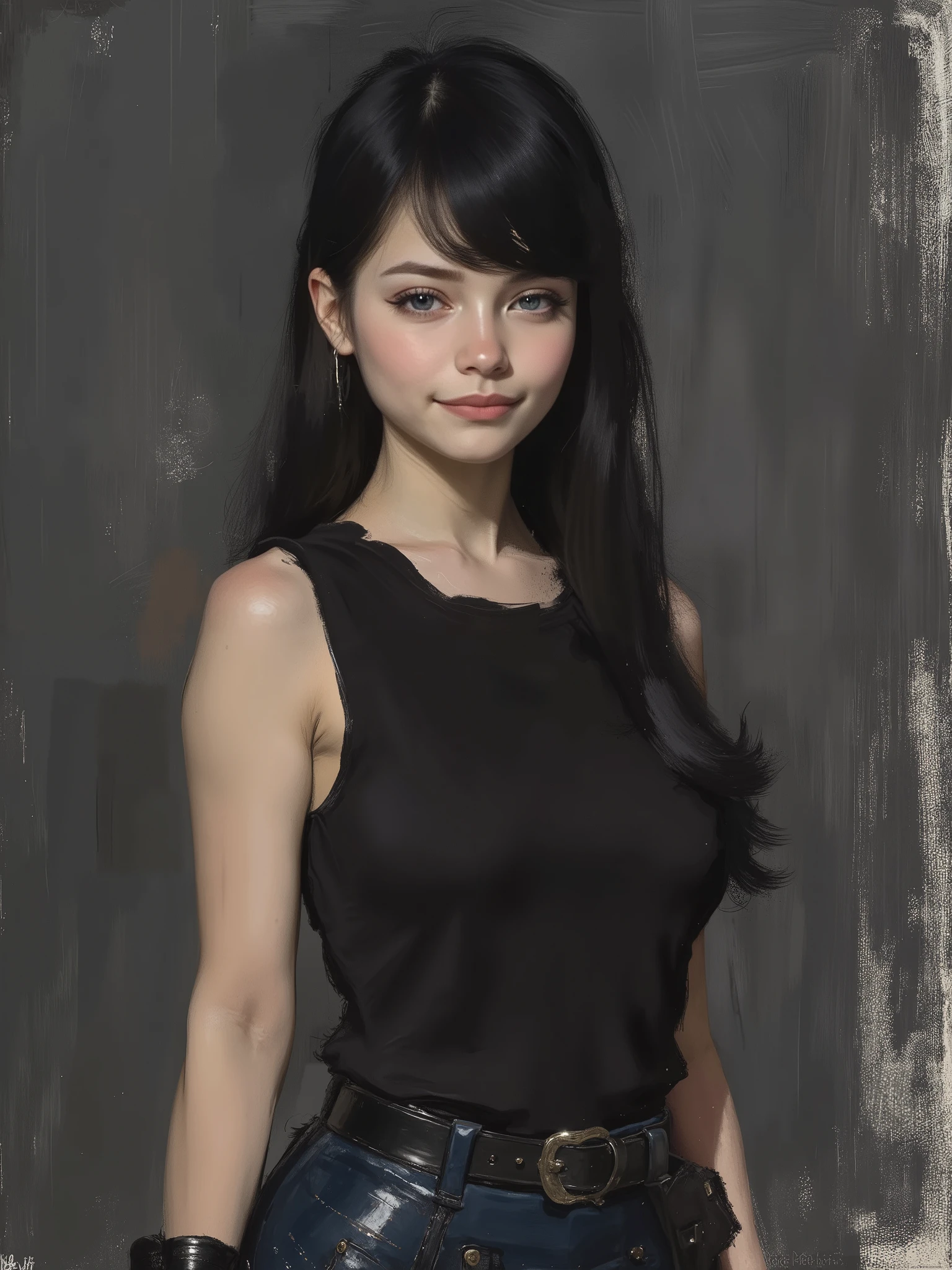 sketch painting, marinette Dopanchan, A very beautiful and cute 22 year old woman with a slight smile. (((Shy smile))), sharp focus on the face, (((Western eyes:1.5))), (((Extremely detailed ice-blue eyes, beautiful eyes, beautifully detailed eyes))), (((delicately detailed thin pink lips))), (((long hair, shiny hair))), (((black medieval steampunk style sleeveless t-shirt))), (((Dark Blue medieval steampunk style leather warrior pants))), (((full body view, dynamic pose, standing:1.5, graceful pose))), (((The background is Dark Gray and painted with expressive, visible textures using dynamic brushstrokes and strokes that add depth and movement. The paint covers only the area just behind the subject. The outer edges of the image with black margins, as if the background had been painted with a brush and with expressive and visible textures using dynamic brushstrokes and strokes fading toward the edges creating a modern and artistic vignette effect))). Cinematic lighting, soft depth of field, (((masterpiece/high resolution/Best Quality/top quality/high quality/UHD/16k quality))), sharp focus, no blur, film grain, bokeh.