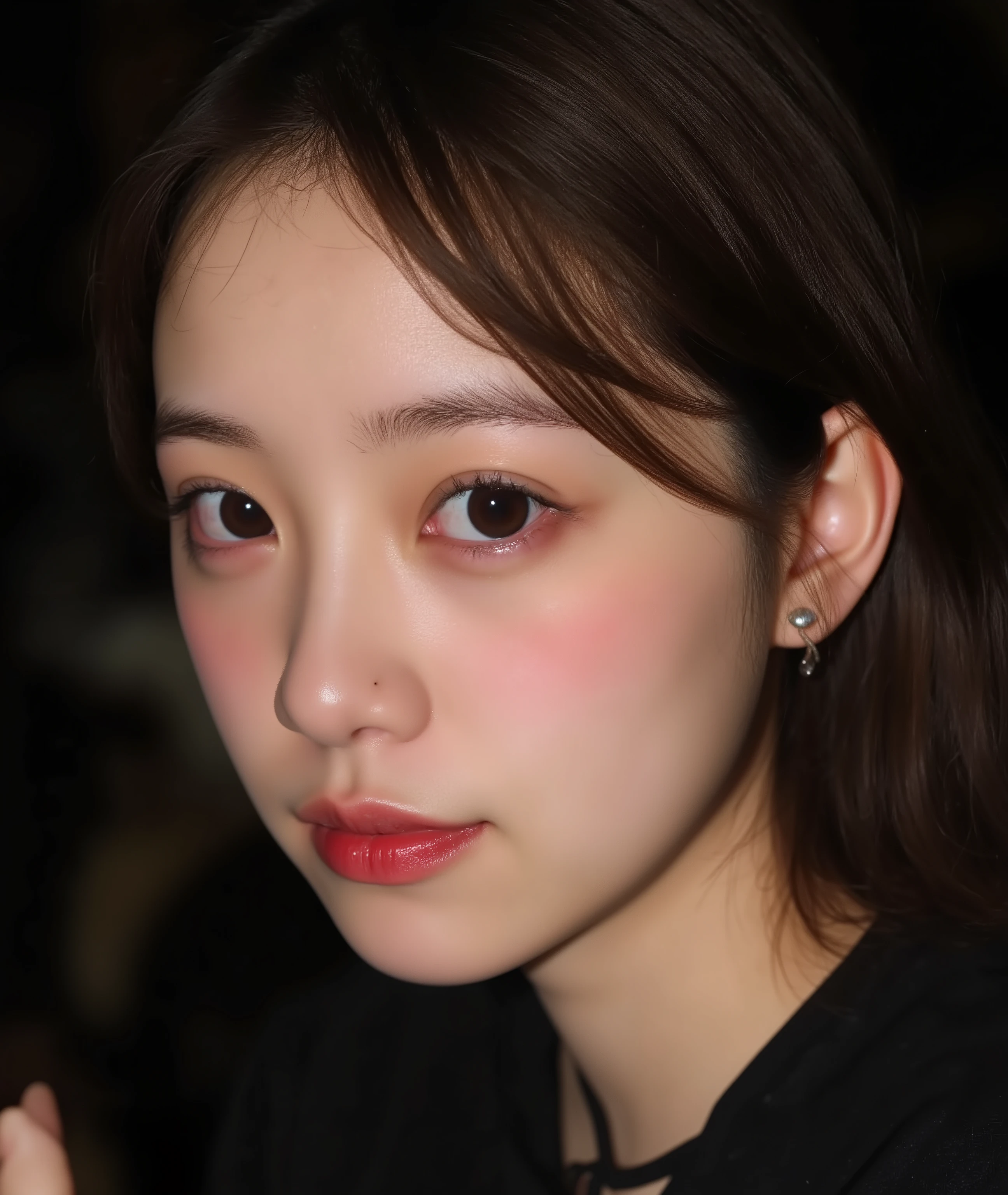 The image is a close-up photograph of a young Asian woman with a fair complexion. Her face dominates the frame, occupying the majority of the image, with her eyes, nose, and lips prominently visible. She has large, almond-shaped eyes with long, thick eyelashes, and her skin is smooth and soft. Her lips are full and slightly parted, revealing a natural, rosy hue. She wears a small silver stud earring in her left ear, adding a subtle touch of personal style.
Her hair is long, dark brown with subtle highlights, and it partially covers her forehead, giving a slightly tousled, casual look. The background is out of focus, but it appears to be a dark, possibly indoor setting, which emphasizes her face and provides a stark contrast to her light complexion. She is wearing a black garment, possibly a top or a sleeve, which is visible at the bottom of the image. The overall mood of the photograph is intimate and personal, capturing a candid moment with a natural, unfiltered aesthetic.