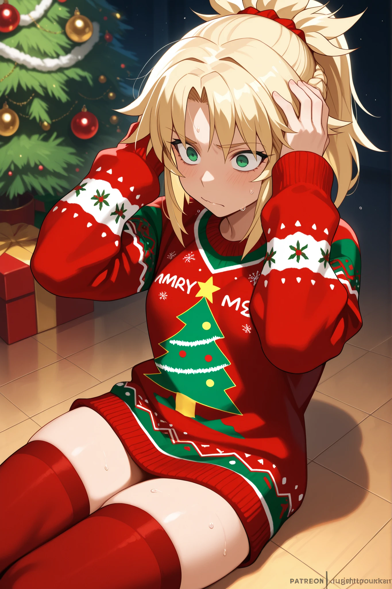 blonde hair, green eyes, high resolution image, masterpiece, the best quality, amazing quality, Mordred, 1girl, blonde hair, green eyes, toned female, small breasts, christmas sweater, christmas, ugly sweater, print sweater, red sweater, christmas tree, christmas ornaments, sweater, multicolored sweater, sitting on the floor, sweating, baggy eyes, tired face, covering their ears with their hands, stockings, red stockings