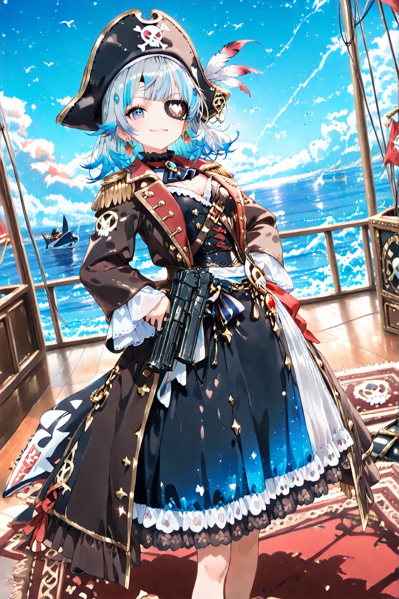 ((High Quality、masterpiece、最High Quality、very aesthetic))、((1girl))、((solo))、((cute))、((beautiful eyes、Delicate Eyes 1 .4))、blue hair, gray hair, multicolor hair、(shark、Pirate of the Shark)、shark hair accessory、On the deck of a pirate ship、 black pirate costume、 Beautiful female pirate （beautiful face、smiles softly 、blue eyes、Mini Length Flock Coat Style Dress、Pirate Hat、 skull design eye patch   ）、Beautiful Girl with a Black Gun、raging sea and lightning in the background、(animation: 1.5),Pirate Captain、 black frill blouse  、 Triangle Hat with Lace on Front 、 Rug Skirt 、 Triangular Hat with Feathers 、 Sparkling Gradient Eye Details 、 Shark Earrings 、 Background sun, Blue Sky