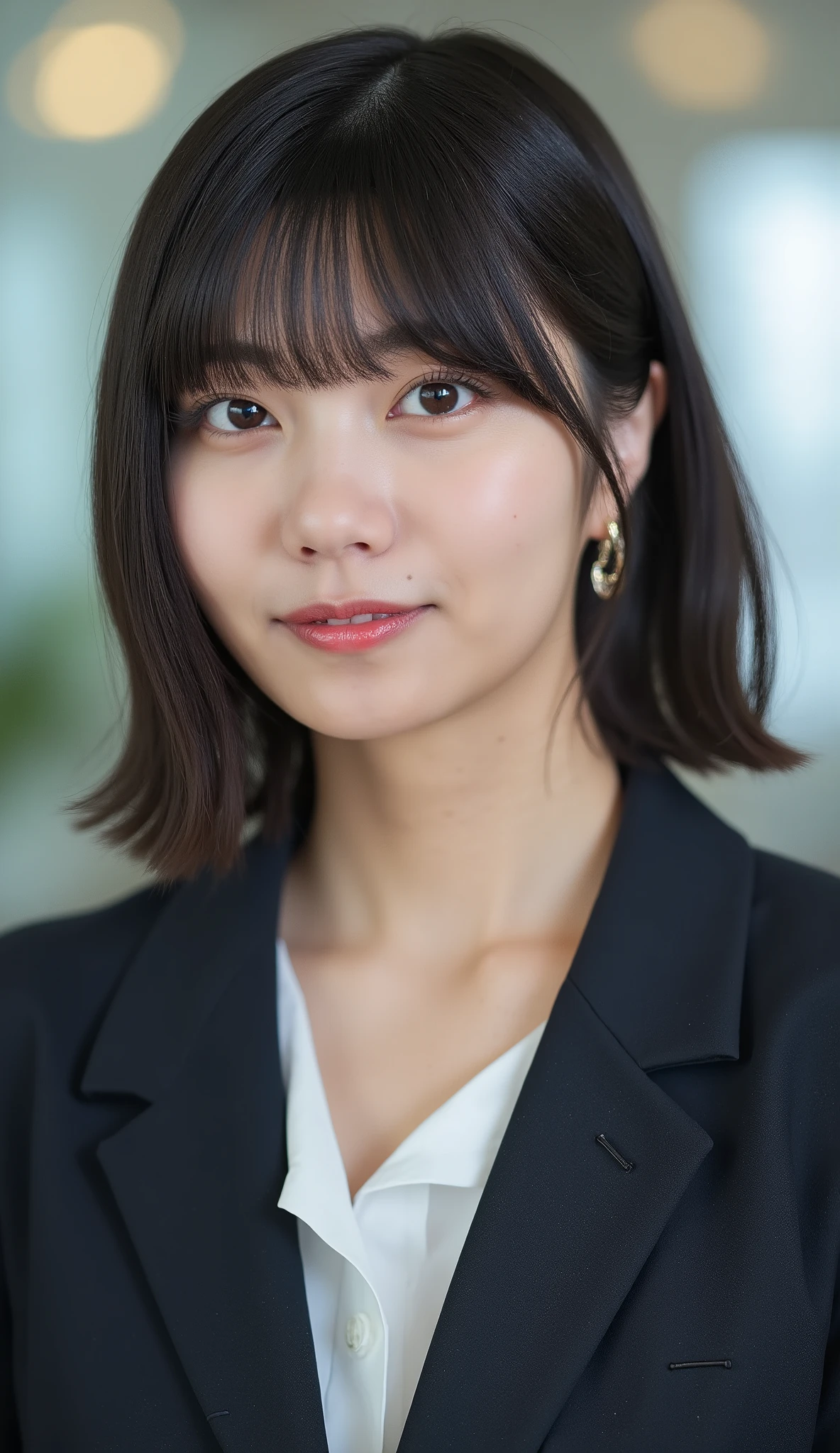 Neat Young Woman、looking at the camera、office lady suit、jacket、shirt、Ear piercings、前髪あり、hairstyle short bob、、歯を見せた笑顔、、、face close-up、The background is office
