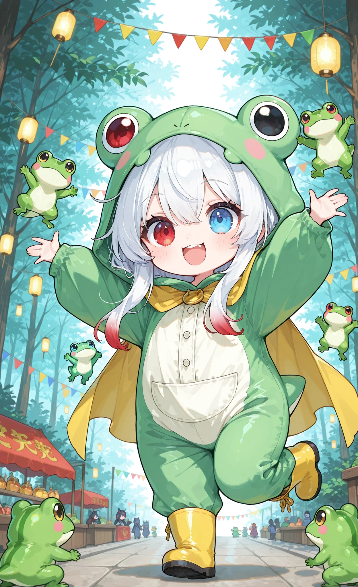 Melys Chibi, masterpiece, best quality, ultra-detailed:1.3, chibi style, dynamic action scene, 1girl, pure white hair with soft gradient red tips, heterochromia crimson red right eye:1.3 and ice blue left eye:1.3, fair skin, wearing bright green frog onesie with yellow cape, yellow rain boots, leading parade of real frogs in rainy forest clearing, joyful dance, forest creatures cheering, festival lights, magical rain