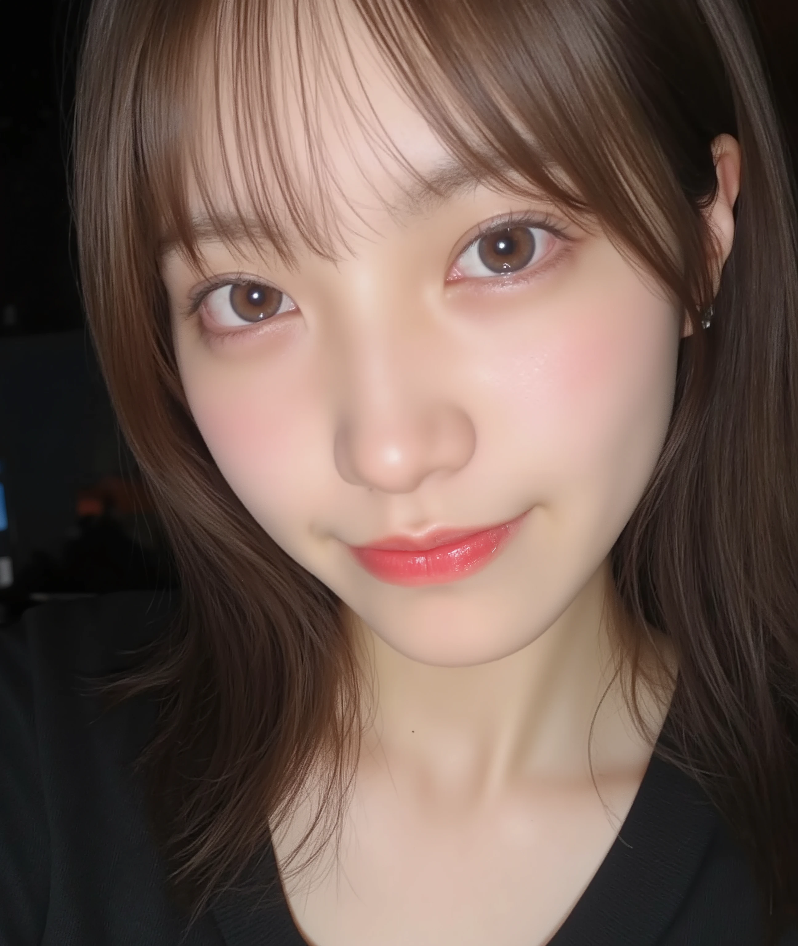 The image is a close-up photograph of a young Asian woman with a fair complexion. Her face dominates the frame, occupying the majority of the image, with her eyes, nose, and lips prominently visible. She has large, almond-shaped eyes with long, thick eyelashes, and her skin is smooth and soft. Her lips are full and slightly parted, revealing a natural, rosy hue. She wears a small silver stud earring in her left ear, adding a subtle touch of personal style.
Her hair is long, dark brown with subtle highlights, and it partially covers her forehead, giving a slightly tousled, casual look. The background is out of focus, but it appears to be a dark, possibly indoor setting, which emphasizes her face and provides a stark contrast to her light complexion. She is wearing a black garment, possibly a top or a sleeve, which is visible at the bottom of the image. The overall mood of the photograph is intimate and personal, capturing a candid moment with a natural, unfiltered aesthetic.