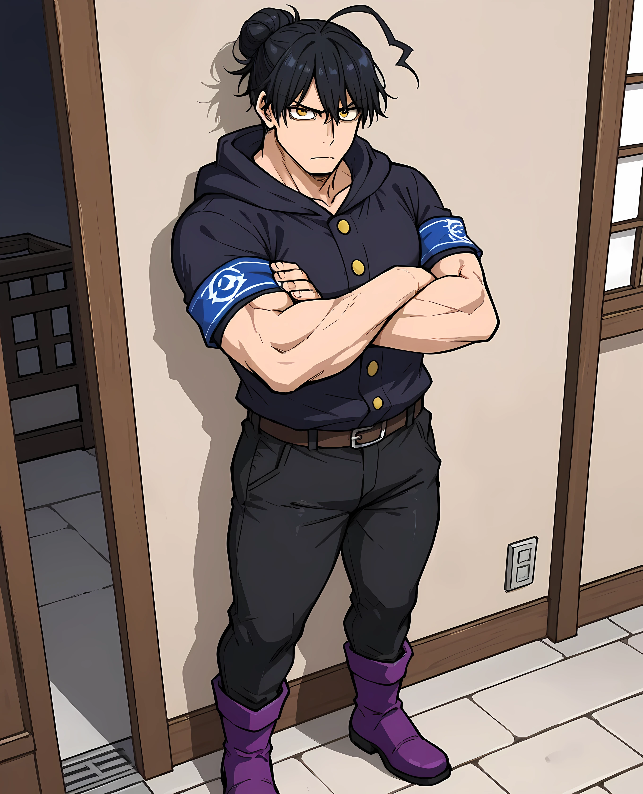 ((high side angle, full body, ultra-detailed image)), ((black shirt with gold buttons, short social hairstyle, well-defined body, melancholy look, strong body, gloomy look, bangs combed to the side, high bun hair on top of the head, dark blue hood, standing facing the house wall, messy bangs, adult body, strong man, blue fabric armband, man with serious expression, crossed arms, Snuddy artist texture, looking at the viewer, standing, short black hair, golden eyes, solo, hair with messy strands in front of the eyes, black long pants, purple boots):1.11), {Tenya Iida}:((formal wear, lightning-shaped ahoge:1.05)), ((artist chikiababy1:1.10, artist Maron Maron:1.09, Hyakkano anime style:1.12)).
