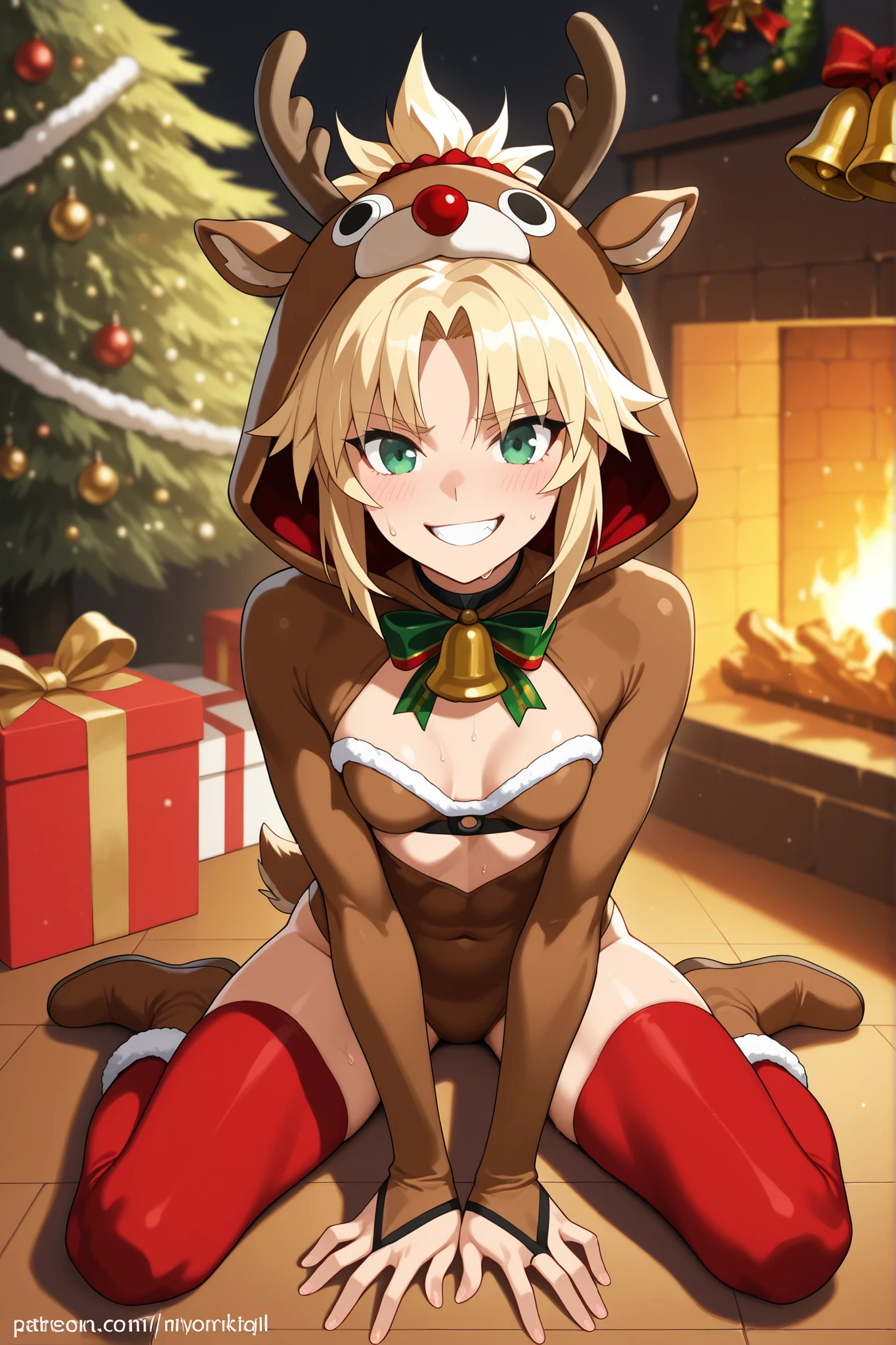 blonde hair, green eyes, high resolution image, masterpiece, the best quality, amazing quality, Mordred, 1girl, blonde hair, green eyes, toned female, small breasts, reindeer costume, animal costume, reindeer antlers, antlers, fake antlers, reindeer hood, christmas, red nose, deer ears, deer tail, christmas tree, bell, horns, reindeer, sitting on the floor, sweating, smiling, very happy, V sing with her hands, stockings, red stockings