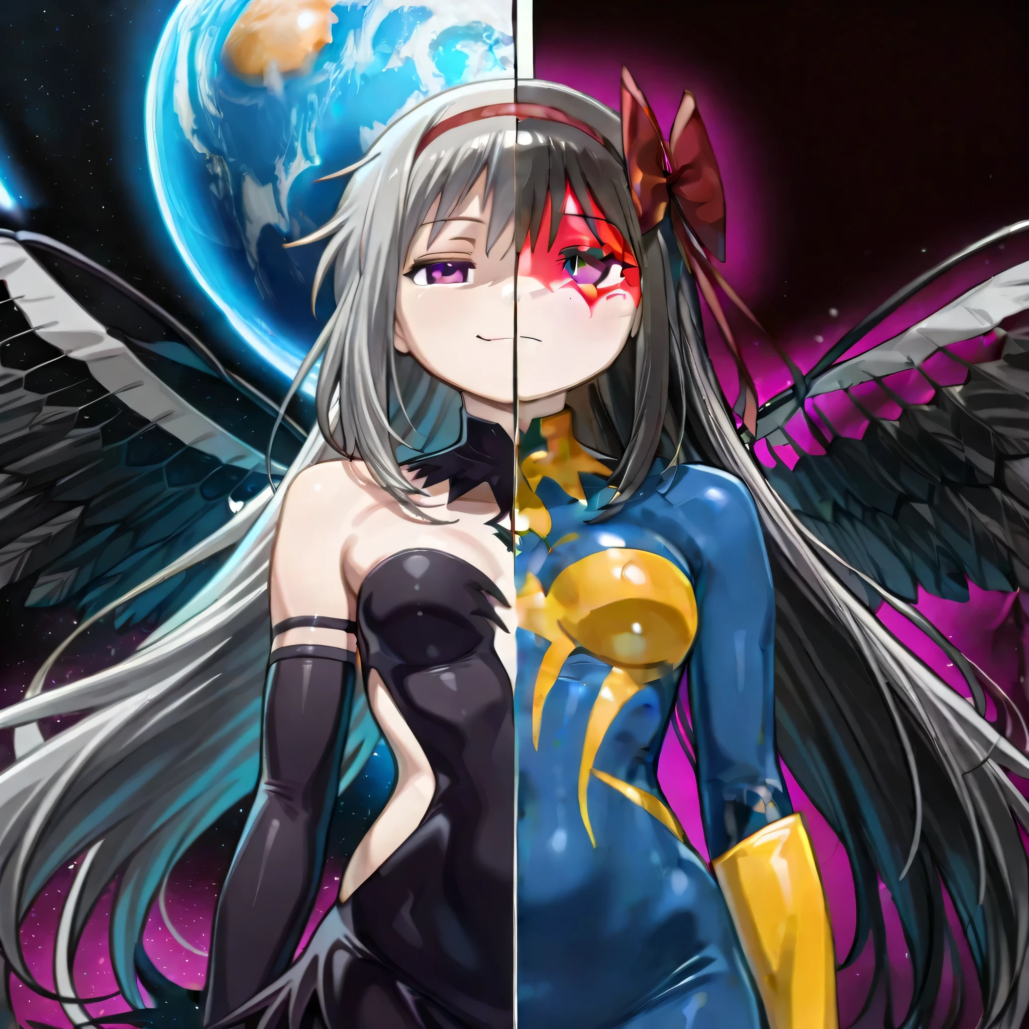 (((Masterpiece))), (((Best Quality))), ((Super Detail)), ultra-High resolution, score_9,score_8_up,score_7_up,score_6_up,score_5_up,score_4_up, BREAK, source_anime, anime screencap, uncensored, Masterpiece, (best shadow), (absurdres), (detailed background), (very aesthetic), detailed beautiful eyes, outstanding, an exquisite animation illustration, curvy, highres, dark persona, empty eyes, blank eyes, gel shocker, gel shocker belt, gel shocker , yellow elbow gloves, gel shocker facepaint, multicolored , (((solo, 1girl))), hair ornament, pose, submissive pose, anime style, anime coloring, animification, megami magazine, pose, small , akuma homura, homura_purple eyes, black hair, long hair, feathered wings, black wings, cowboy shot, upper body, standing, standing at attention, standing still, smile, light smile, gentle smile, (((spl1tscr33n, spl1tf4c3, spl1tfr4m3,,splitscreen, splitface, splitframe, split screen, split face, split frame))), space background, star, planet, homura_hair bow, black choker, black dress, black gloves, black skirt, feathered wings, argyle thighhighs, black footwear