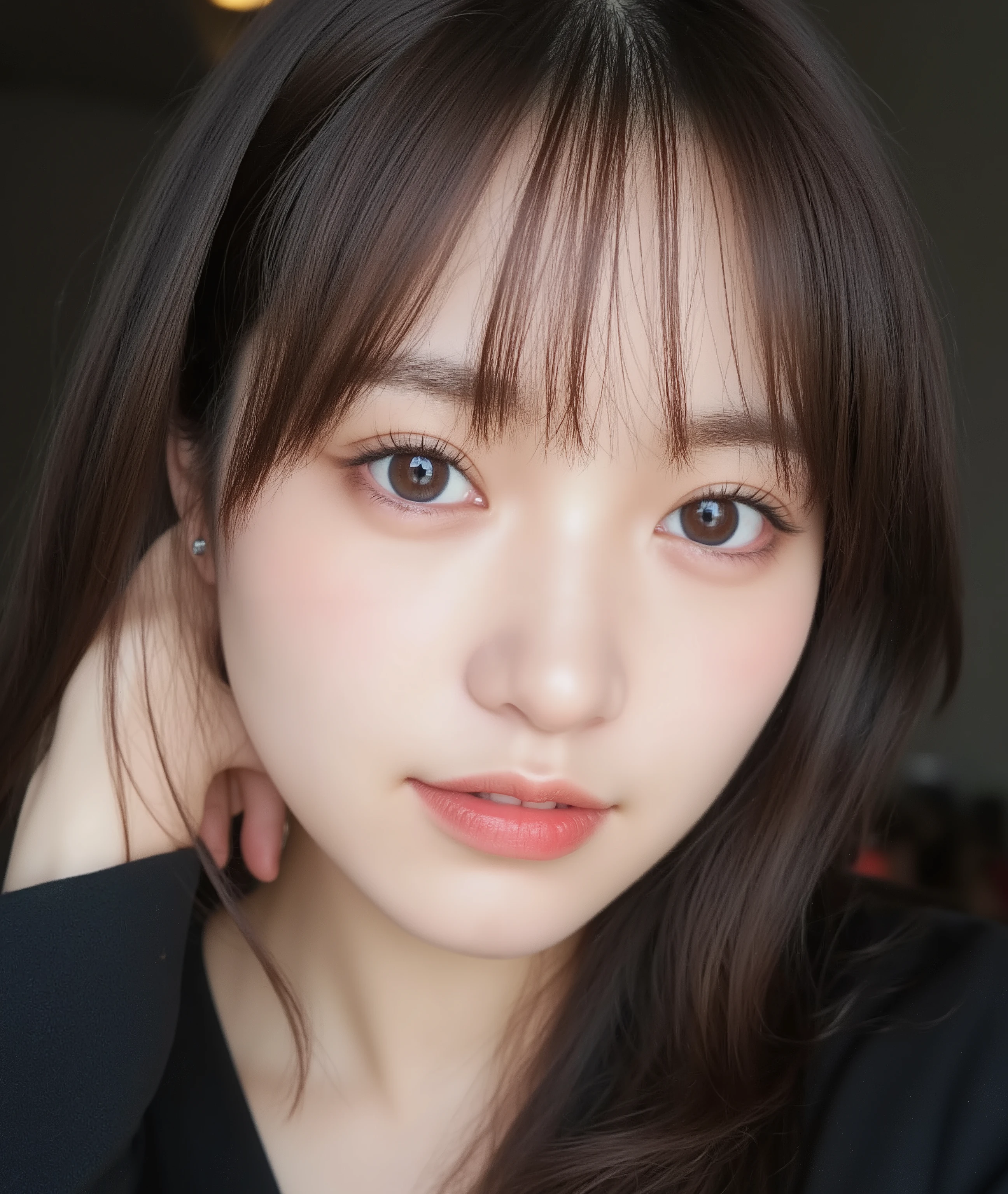 The image is a close-up photograph of a young Asian woman with a fair complexion. Her face dominates the frame, occupying the majority of the image, with her eyes, nose, and lips prominently visible. She has large, almond-shaped eyes with long, thick eyelashes, and her skin is smooth and soft. Her lips are full and slightly parted, revealing a natural, rosy hue. She wears a small silver stud earring in her left ear, adding a subtle touch of personal style.
Her hair is long, dark brown with subtle highlights, and it partially covers her forehead, giving a slightly tousled, casual look. The background is out of focus, but it appears to be a dark, possibly indoor setting, which emphasizes her face and provides a stark contrast to her light complexion. She is wearing a black garment, possibly a top or a sleeve, which is visible at the bottom of the image. The overall mood of the photograph is intimate and personal, capturing a candid moment with a natural, unfiltered aesthetic.
