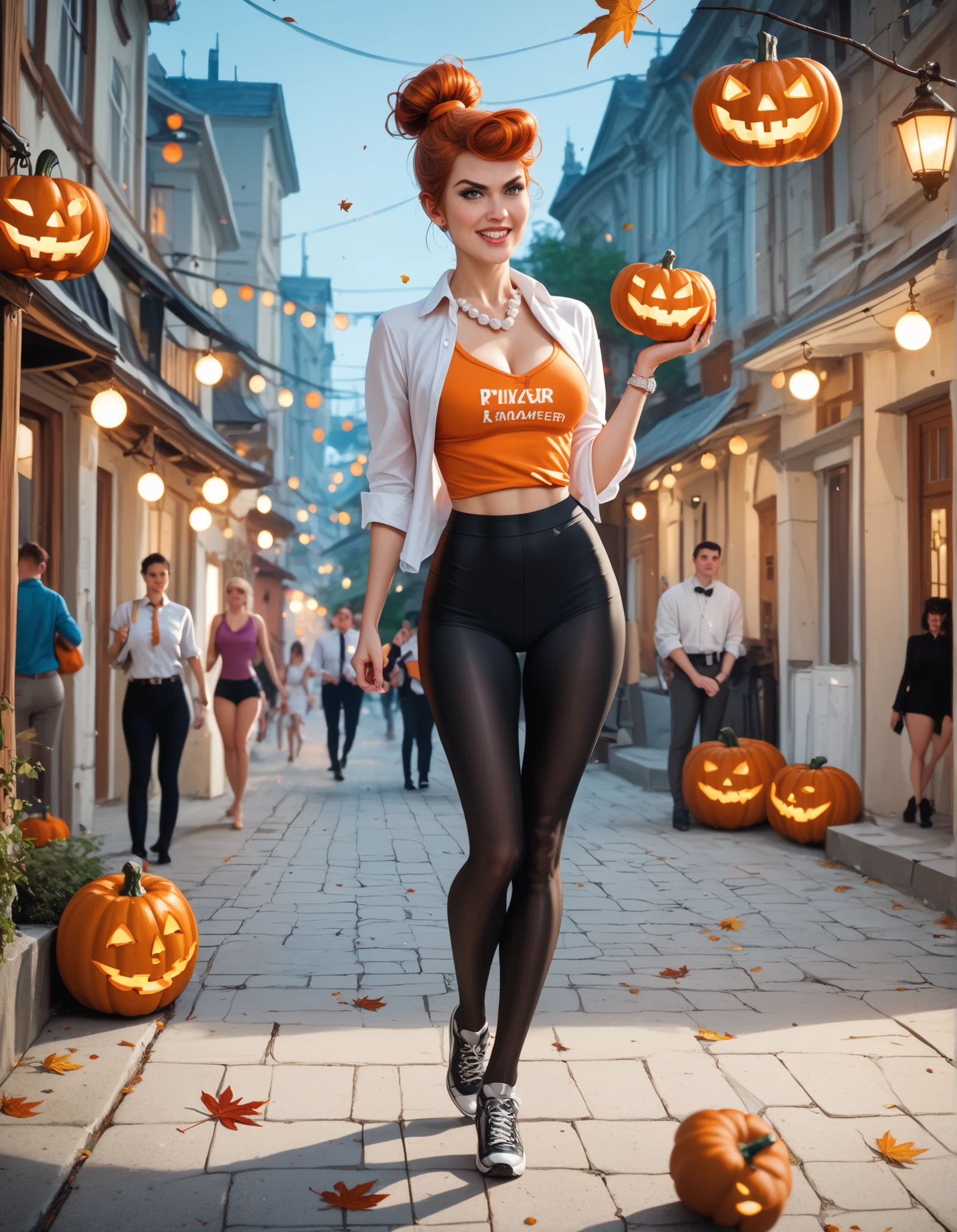 wilma flintstone, The woman wears a modern sports outfit with black leggings and orange compression top with gray details. She is running along an urban path decorated with pumpkins, dry leaves and orange Halloween lights, under clear daylight. Her expression is determined and focused, hair tied in a firm ponytail, full body, REALISTIC STYLE, professional atmosphere with a seasonal and dynamic touch