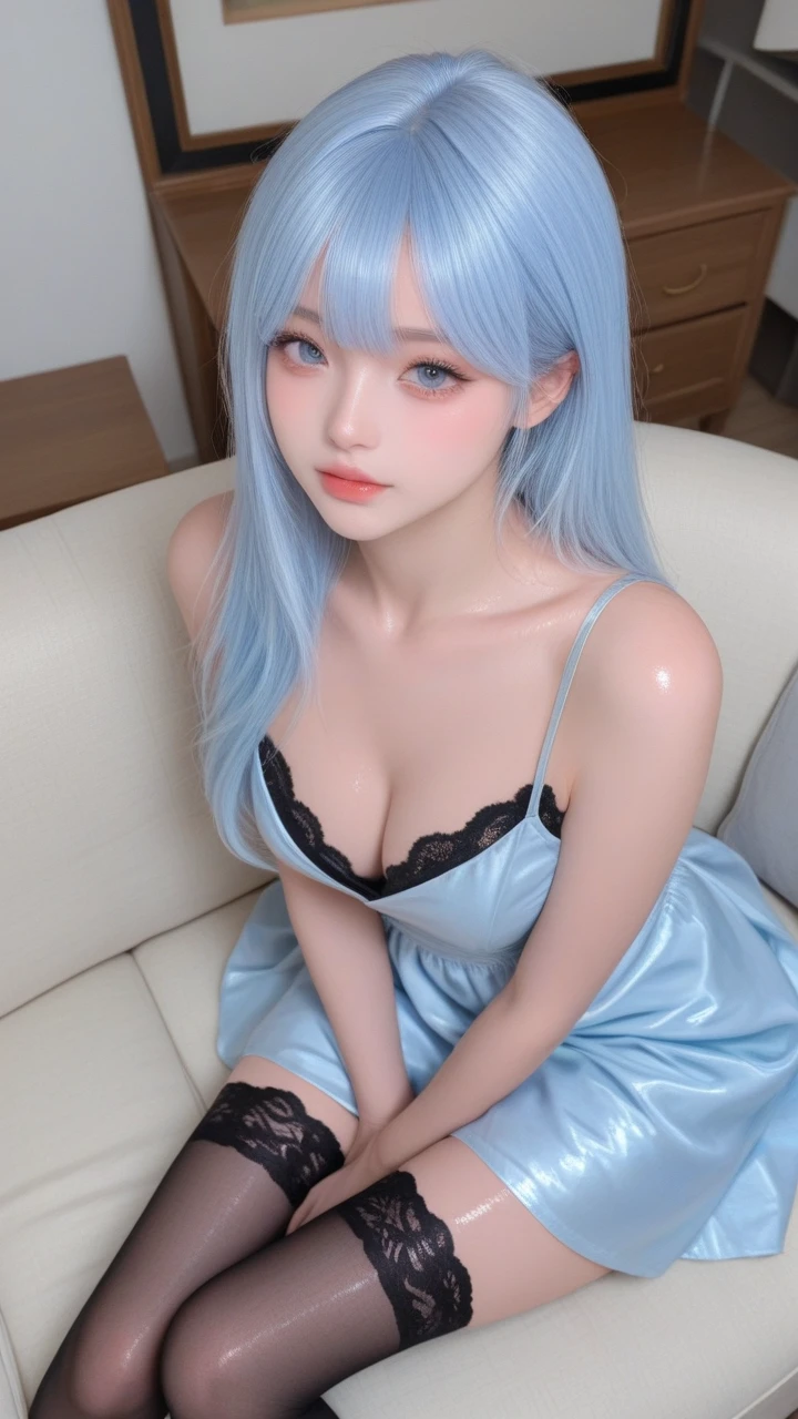 (tmasterpiece, The best_quality, ultra - detailed, 8K, hyper HD, flawless perfection:1.latin blue hair, blue hairs，cat woman,, Cat ears,  glowing pink eyes, the shy, Compliant, face flushed, Wet oily skin, on top of the bed, bigger胸老婆,  heart tattoo above, , bigger腿粗, Beautiful hip curve, 巨bigger, thicc, skin tight, scantily clad, Lace, collars, face to the viewer,  janelas, Bedrooms, midynight,  for,,Japan goddess, Cardigan shirt, Korean girls, 美丽的asiagirl, V-shaped bust clothes, low ，巨bigger，Expose the upper half of the chest，not compact，下垂的bigger胸，gorgeous chinese models, gorgeous young korean woman, model in Japan, Thick lips，duck mouth，asiagirl, beautiful young korean woman, in blouse wearing, beautiful Korean women, 坐on top of the bed, watching the future,巨bigger，bigger，Upp,frontal photos，super closeup,facing at the camera，Take photos carefully