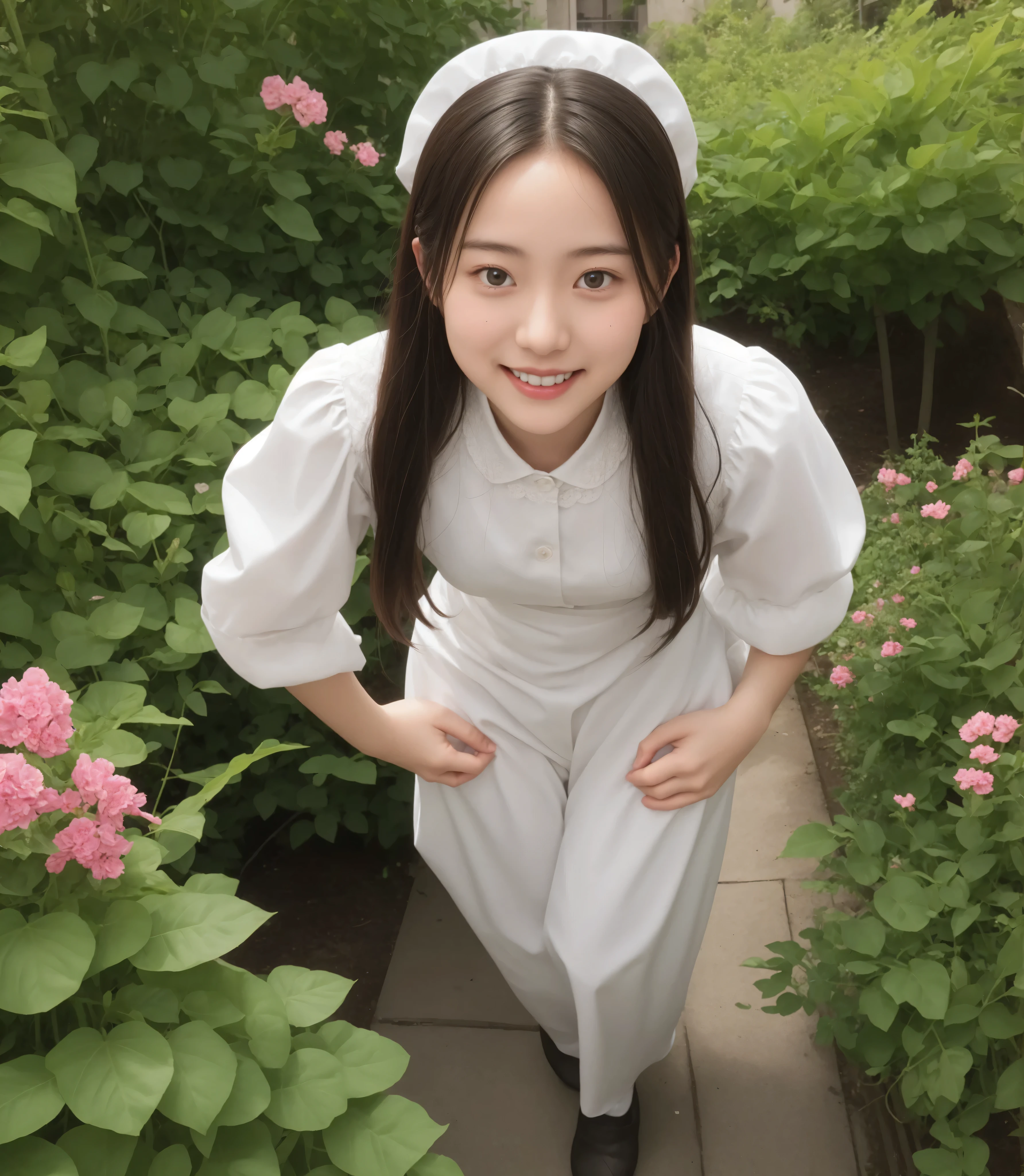 (1 cute girl)、maids,Look at the audience,(skinny:0.96),(younger:0.97),from above,in black lace stockings,lean forward,(big boobs:0.24),japanese,(Smile Yang:0.49),My left hand is touching my crotch