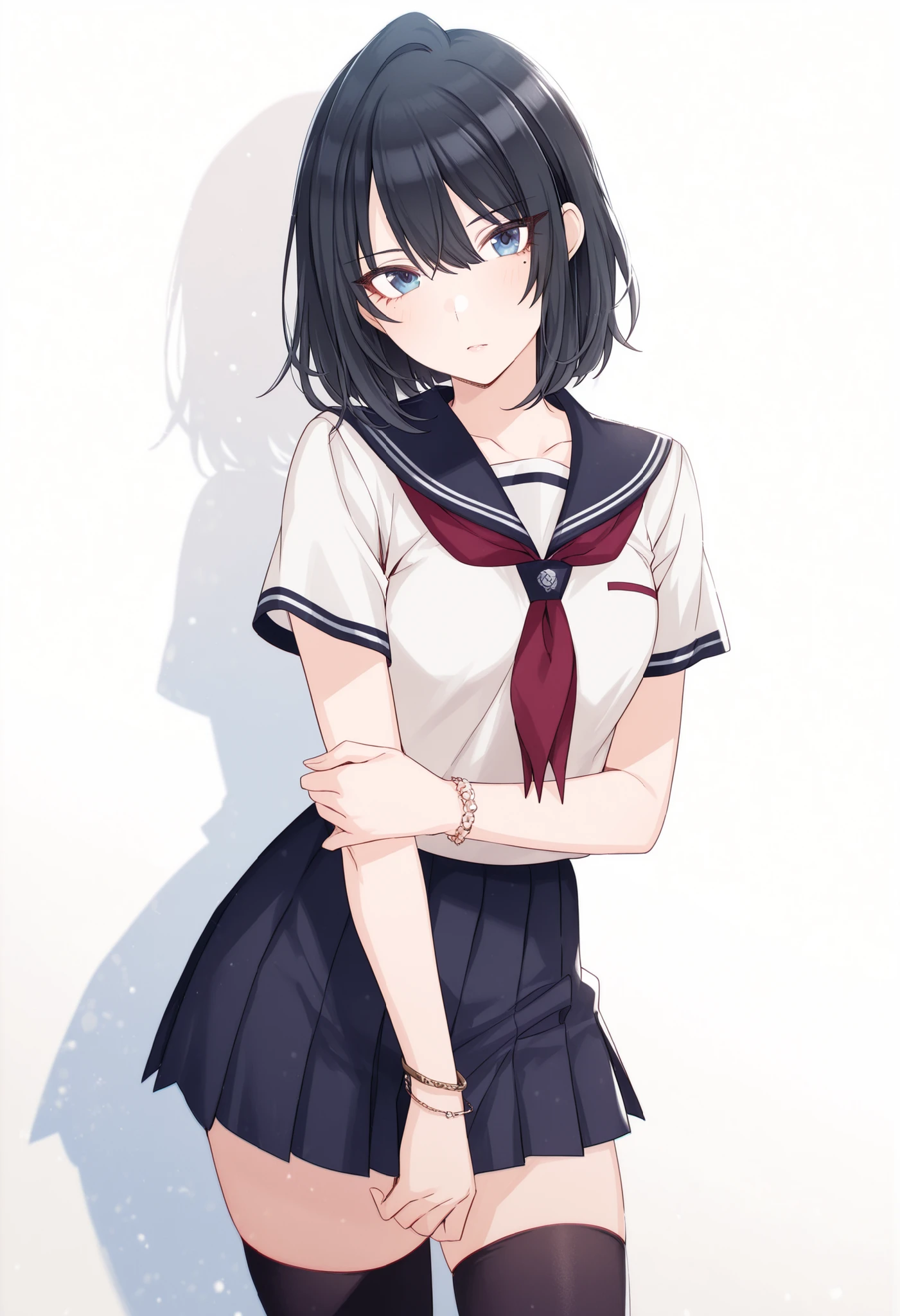 tomari-veryberry00-style, 1girl, slim body, black hair, blue eyes, one mole, mole under eyes, tsurime, short hair, ((seifuku)),thighhighs, zettai_ryouiki, bracelet, ,  cowboy shot, thighs, (no background),(white background), , looking at viewer, (aged up:1.2), (small ), head tilt, hold own arm,
<lora:XL-Tomari-veryberry00-ILXL:1>, (masterpiece),(best quality),(ultra-detailed),(best illustration),(best shadow),(absurdres),(detailed background),(very aesthetic), from above,