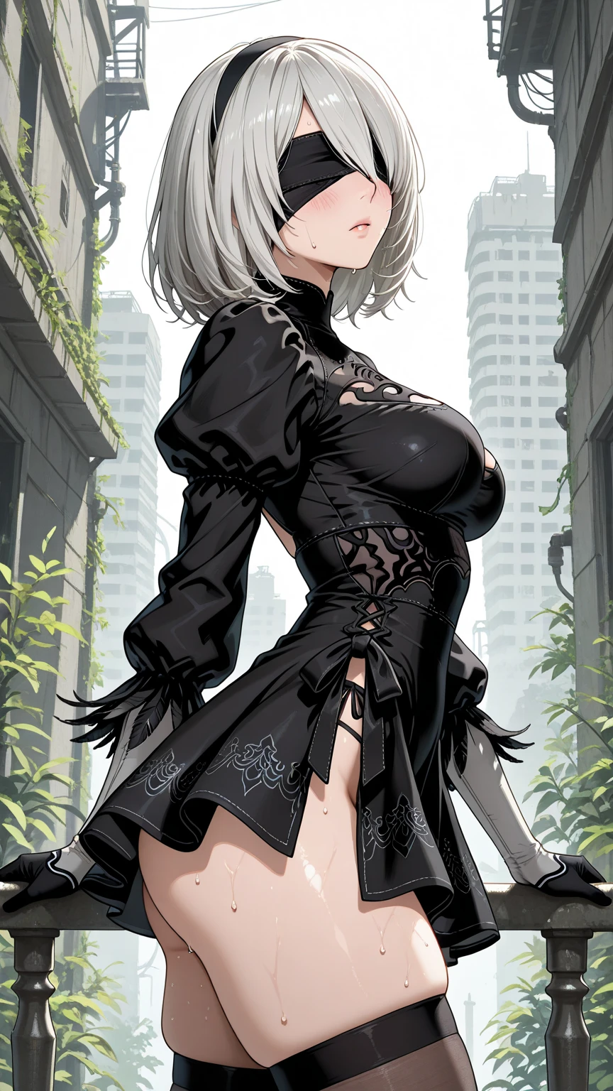 (masterpiece:1.5),(best quality:1.5),(high resolution:1.5),(8k:1.5),(Ultra HD:1.5),(perfect face:1.5),(beautiful detailed eyes:1.5),(Cowboy Shot:1.tremely detailed face:1.5),(perfect lighting:1.tremely detailed CG:1.5), (perfect hands:1.5),(perfect :1.5),,(perfect body:1.5),(perfect hands:1.5),(perfect fingers:1.5),(full body:1.5),(fighter:1.5),(1woman:1.3),(megami magazine:1.3),pale skin,(white short hair:1.3),(light blue eyes:1.3),(:1.3)(large :1.2),( look pose:1.2),(:1.2),,(black short dress skirt:1.2), ,(neckline on the :),(white :1.2),(black stockings:),(high black-heeled boots:), , The city, overgrown with plants, ,(wet:1.2),(sweat:1.2),( lines are visible:1.2),