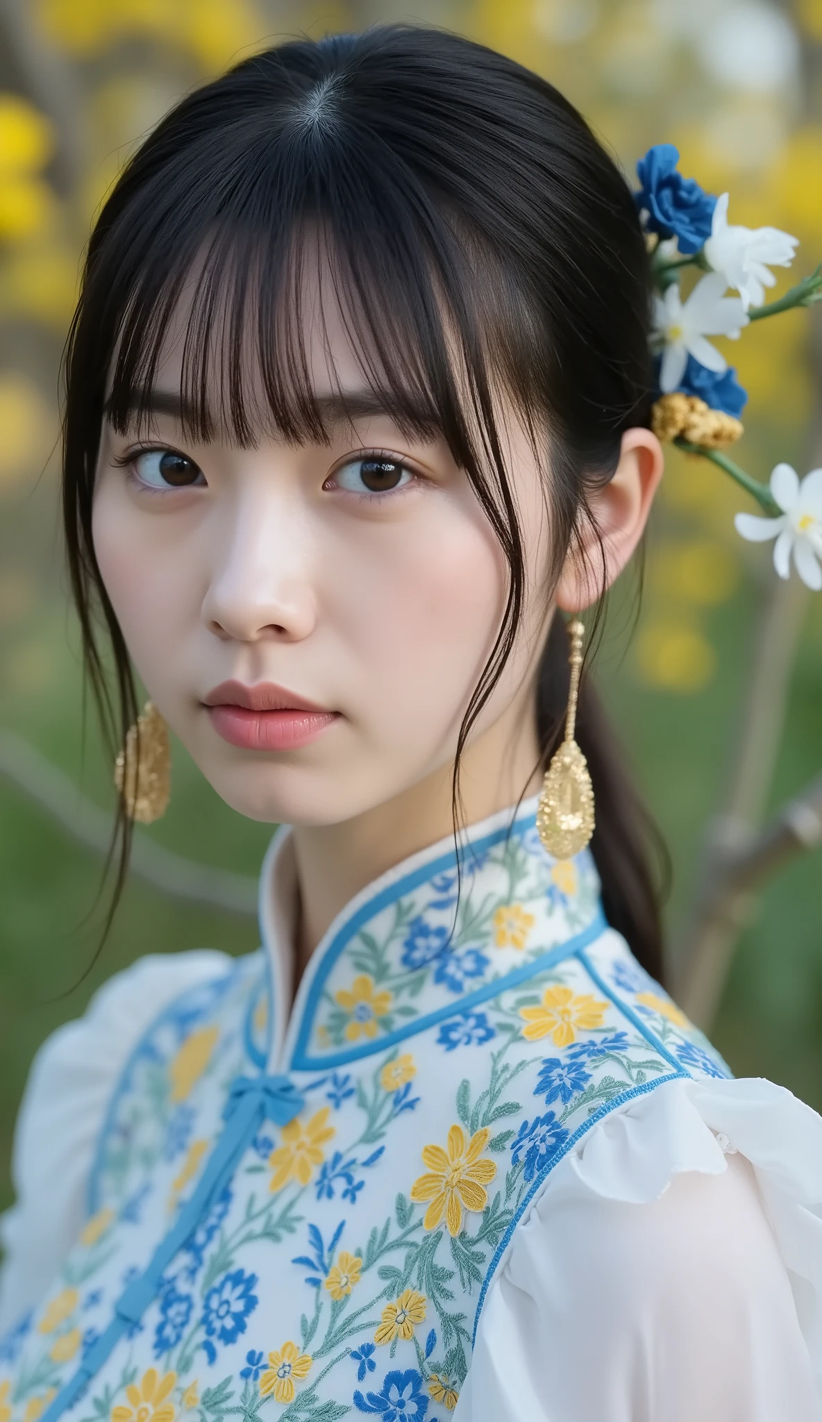 8k、Ultra Precise Rendering、Pictureの品質、 Top quality , Picture, detail eyes、 intricate details ,RAW Picture、natural makeup、Sparkling eyes、cute face、、very white skin、thin waist、blue daffodil, with elaborate and detailed embroidery all over , to reach the climax、Angle to knee、 medium full shot from an oblique front、blue daffodil、 Vietnamese National Clothes ,カメラ目線、無表情、口を閉じている