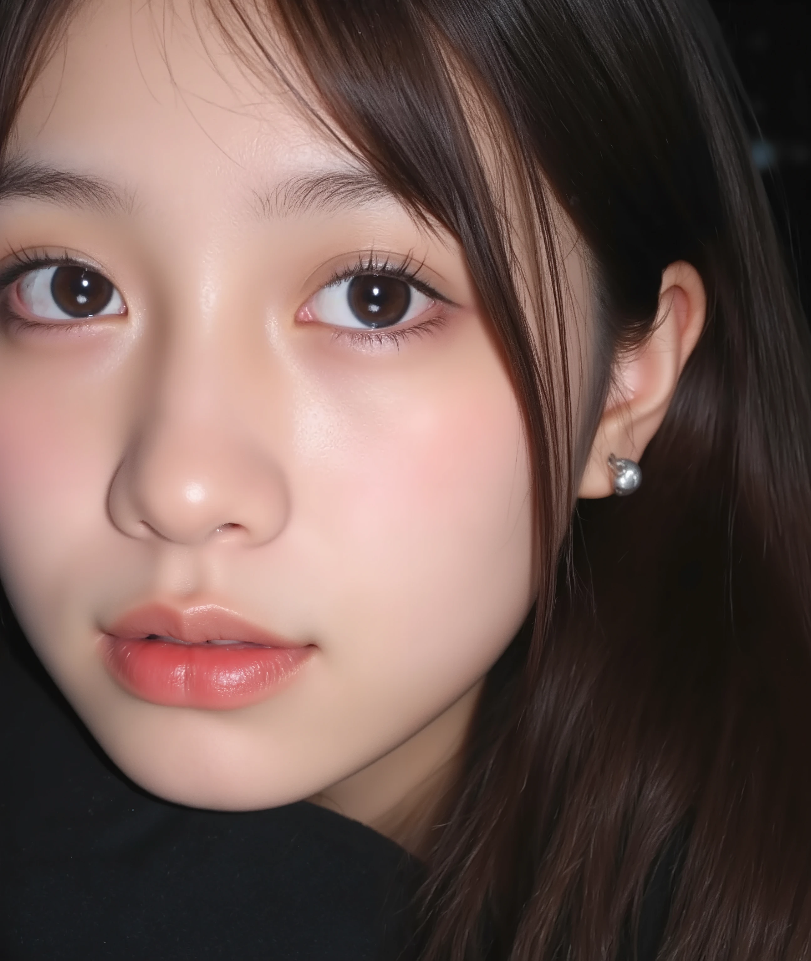 The image is a close-up photograph of a young Asian woman with a fair complexion. Her face dominates the frame, occupying the majority of the image, with her eyes, nose, and lips prominently visible. She has large, almond-shaped eyes with long, thick eyelashes, and her skin is smooth and soft. Her lips are full and slightly parted, revealing a natural, rosy hue. She wears a small silver stud earring in her left ear, adding a subtle touch of personal style.
Her hair is long, dark brown with subtle highlights, and it partially covers her forehead, giving a slightly tousled, casual look. The background is out of focus, but it appears to be a dark, possibly indoor setting, which emphasizes her face and provides a stark contrast to her light complexion. She is wearing a black garment, possibly a top or a sleeve, which is visible at the bottom of the image. The overall mood of the photograph is intimate and personal, capturing a candid moment with a natural, unfiltered aesthetic.